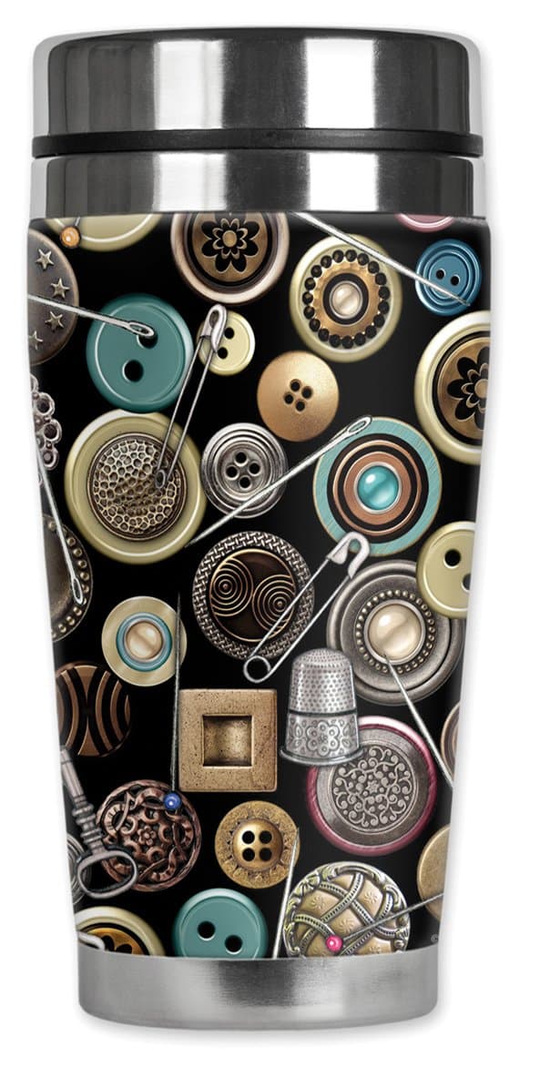 Mugzie "Safety Pins" Stainless Steel Travel Mug with Insulated Wetsuit Cover, 20 oz, Black