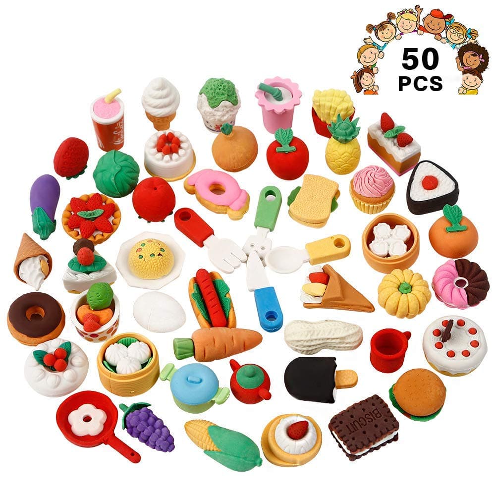 Geefia Pencil Erasers for Kids, 50 Pcs Assorted Food Cake Dessert Erasers, Birthday Party Favors School Classroom Rewards Novelty Toys