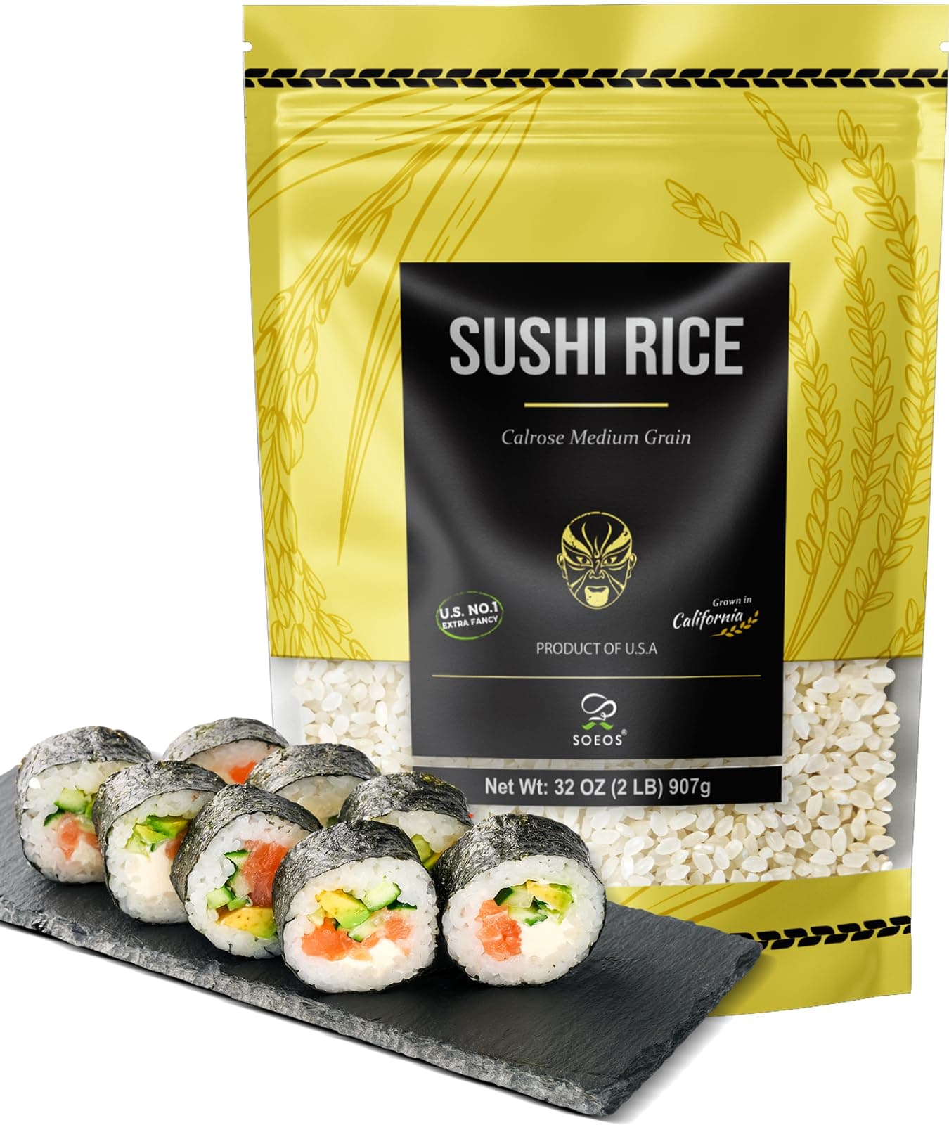 Soeos Sushi Rice, Medium Grain Rice, Sticky Rice for Sushi Rolls and Japanese Food, 2 Pound (32 Ounce)