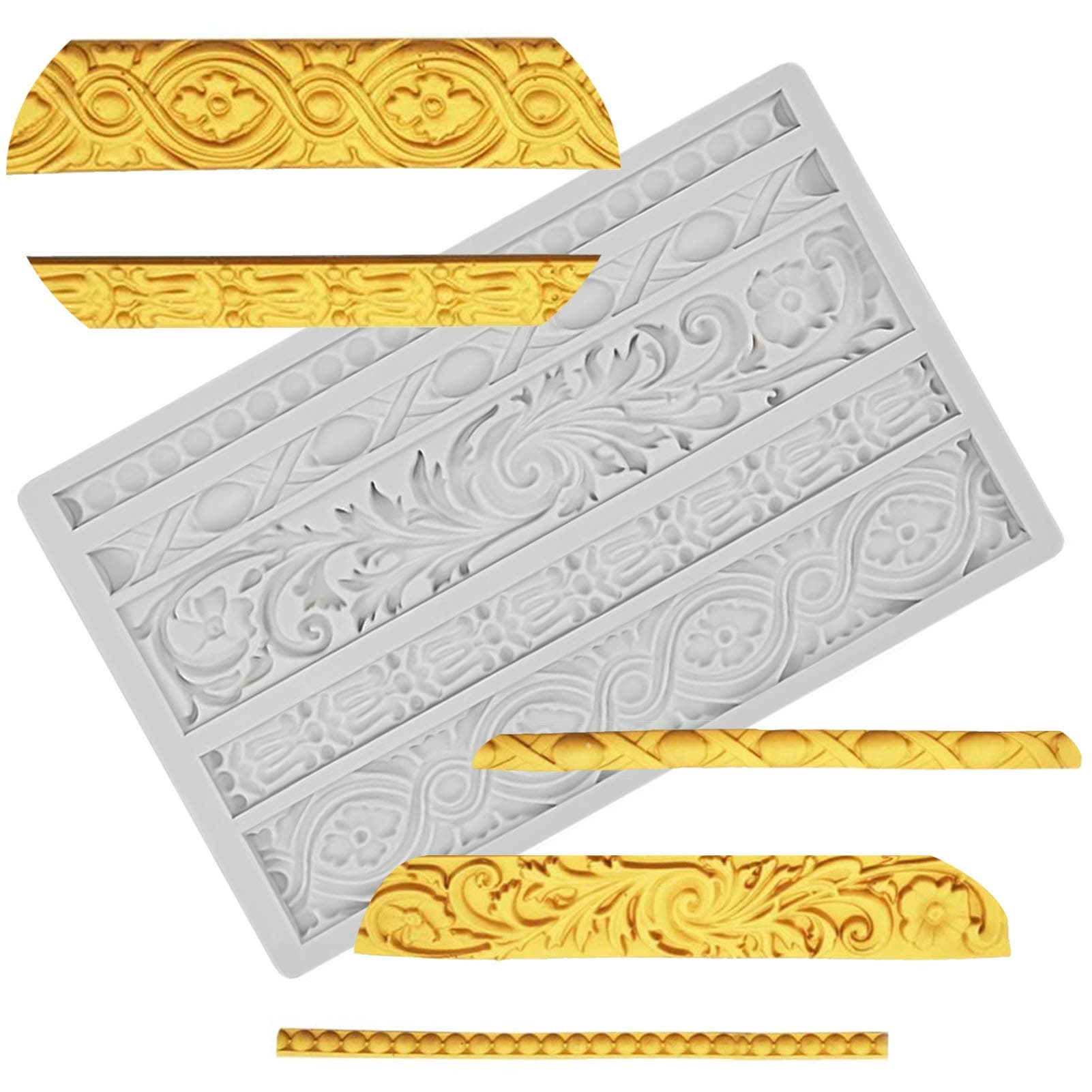 Palksky DIY Baroque Scroll Relief Cake Border Silicone Mold/Vintage Curlicues Fondant Molds Flower Frame Edible Lace Mould Mat for Birthday Candy Chocolate Sugarcraft Gum Paste Decorating Tool