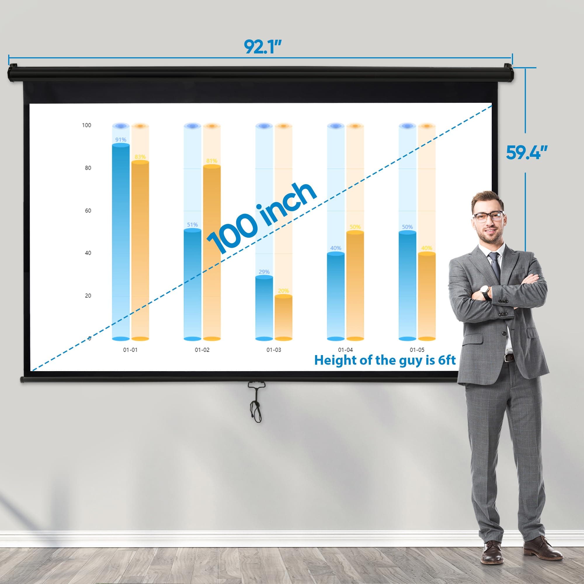 ZENY Projector Screen Pull Down 100 Inch 16:9 HD Projection Screen Folding Home Theater Portable Indoor Outdoor Movie Screen
