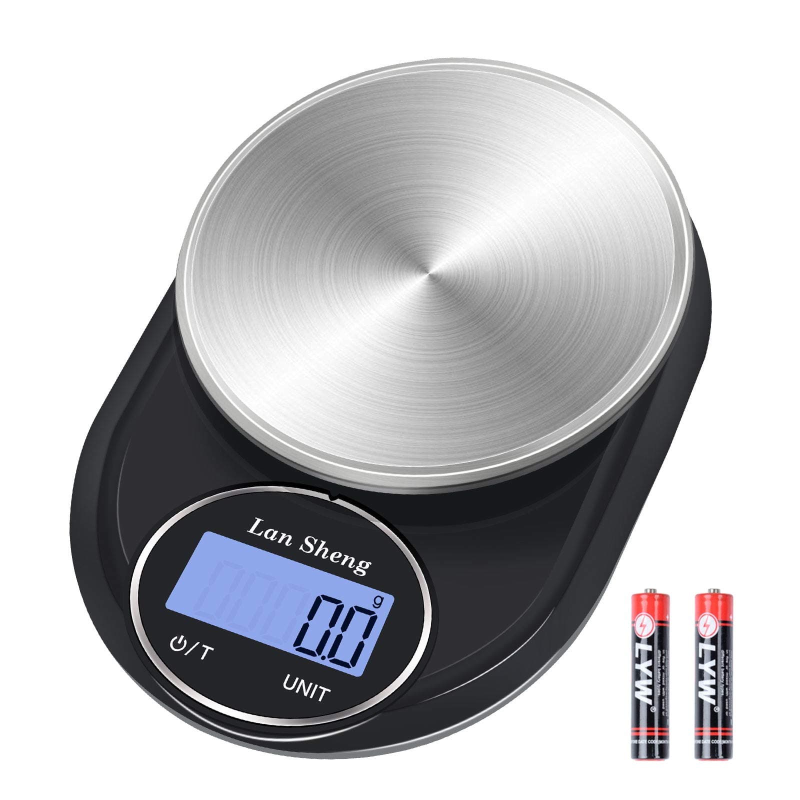 Food Scale - Lan Sheng 5000g/0.1g Digital Kitchen Scale Weight Grams and oz for Cooking, Baking, and Weight Loss,7 Unit/Adjustable Shutdown Time/HD LCD/Stainless Steel (Batteries Included)
