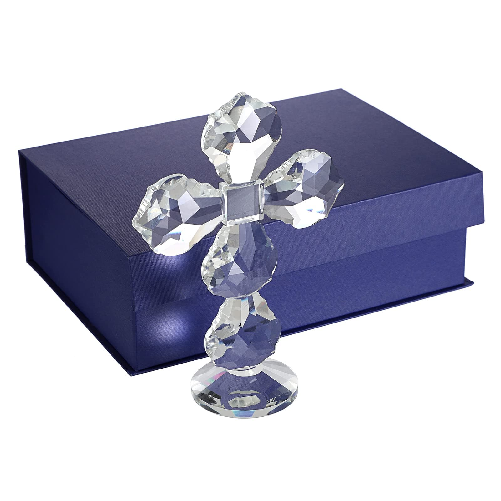 JUXYES Decorative Crystal Standing Cross Tabletop Figurine Ornament, Maple Leaf Glass Craft Traditional Cross Centerpiece with Gift Box