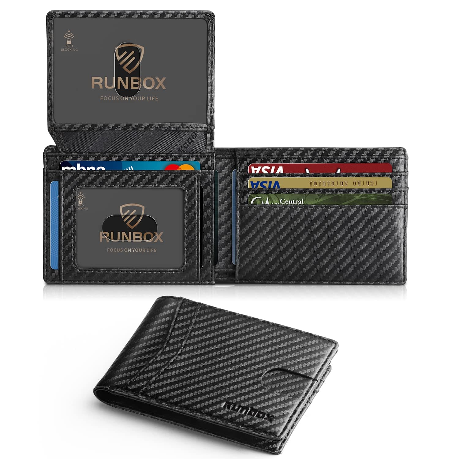 RUNBOX Wallet for Men Slim Rfid Leather 2 ID Window With Gift Box, Carbon Black-new, medium, Minimalist