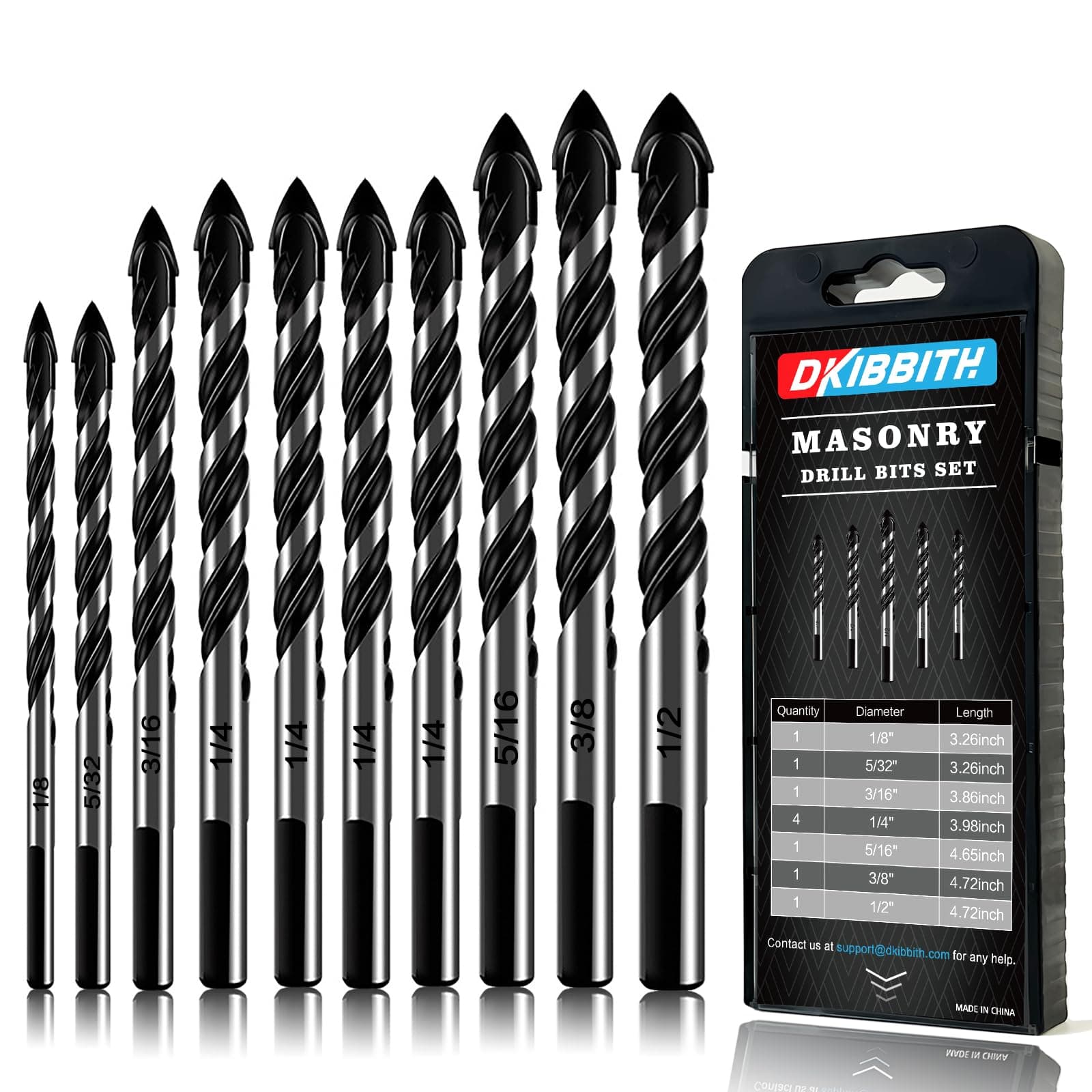 DKIBBITH 10-Piece Masonry Drill Bits Set for Tile Glass Ceramic Brick Wood, 1/8 to 1/2 Inch Drilling Bits with Triangle Handle, YG8 Tungsten Steel Alloy Tip.(Black)