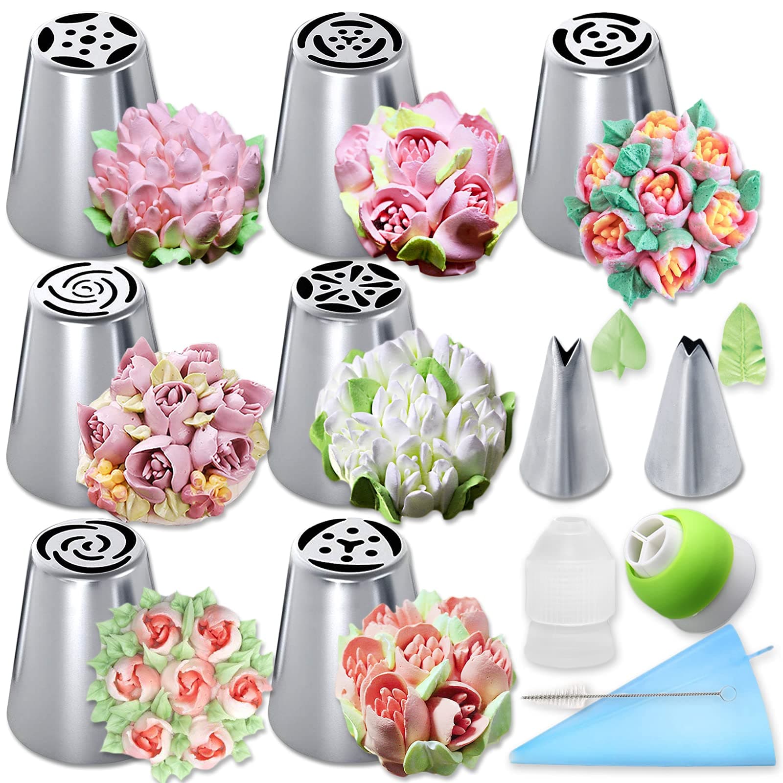 Russian Piping Tips Set, Flower Frosting Stainless Steel Icing Piping Nozzles Cake Decorating Baking Supplies with Silicone Pastry Bags for Cupcakes Dessert