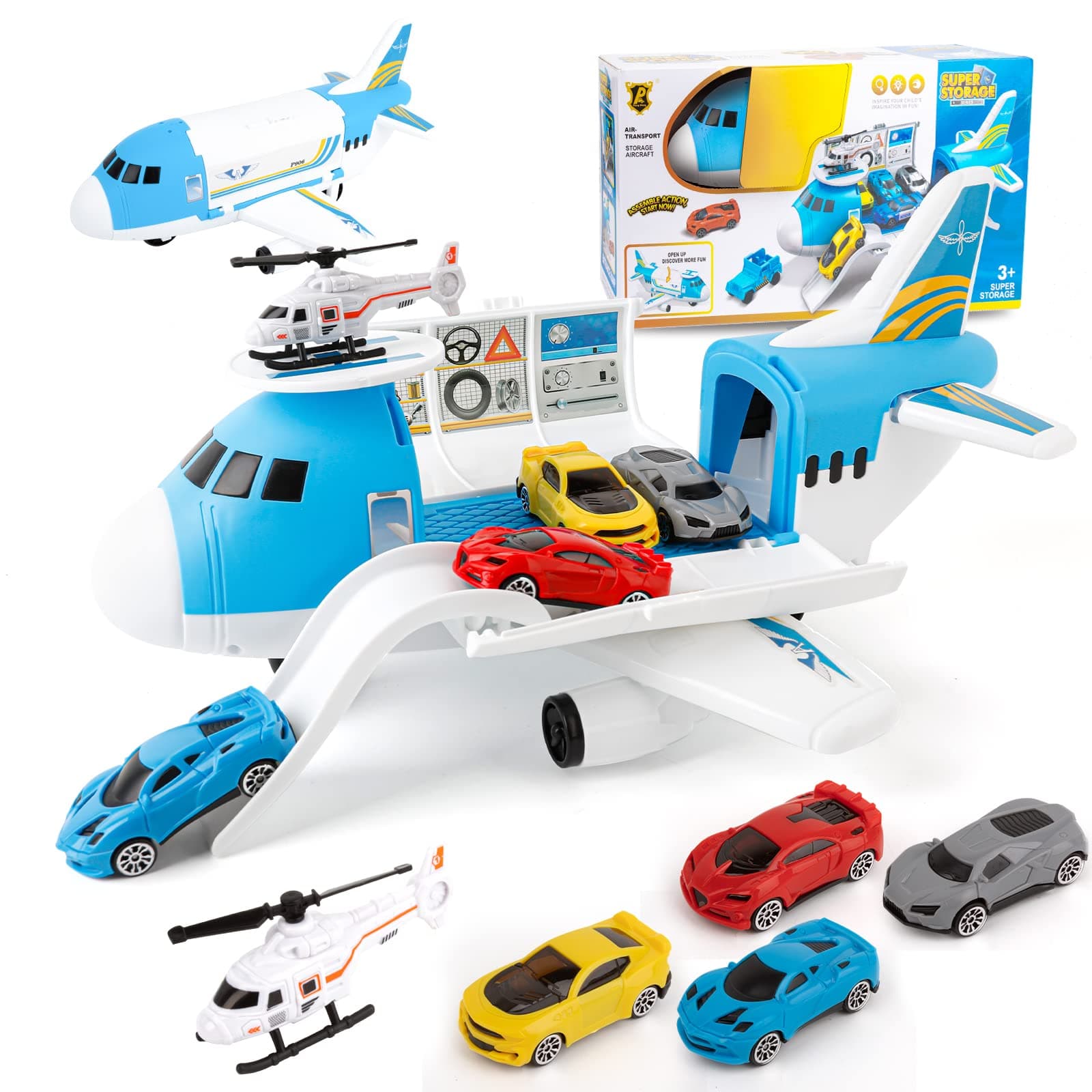 Transport Cargo Airplane Car Toy Play Set for Boys and Girls Ages 3 and Up - Includes 4 Cars, 1 Helicopter, Kids DIY Preschool Toy Gift