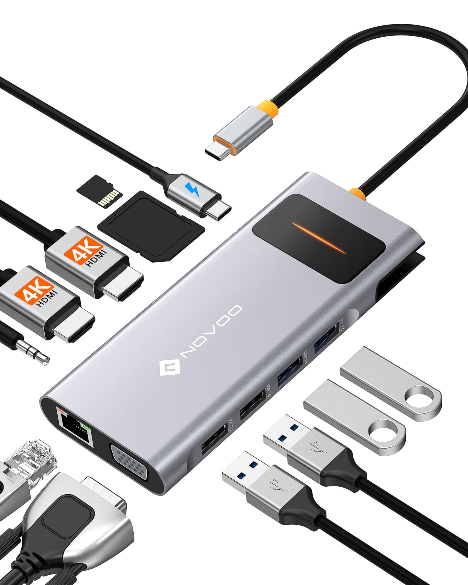 NOVOO 12in1 Pro USB C Multiport Hub Display Docking Station Laptop Docking Station with 2 HDMI VGA 4 USB SD/TF for MacBook/Dell/Surface/HP/Lenovo Laptops, Dark Grey, (NVHUBSN12PLX)