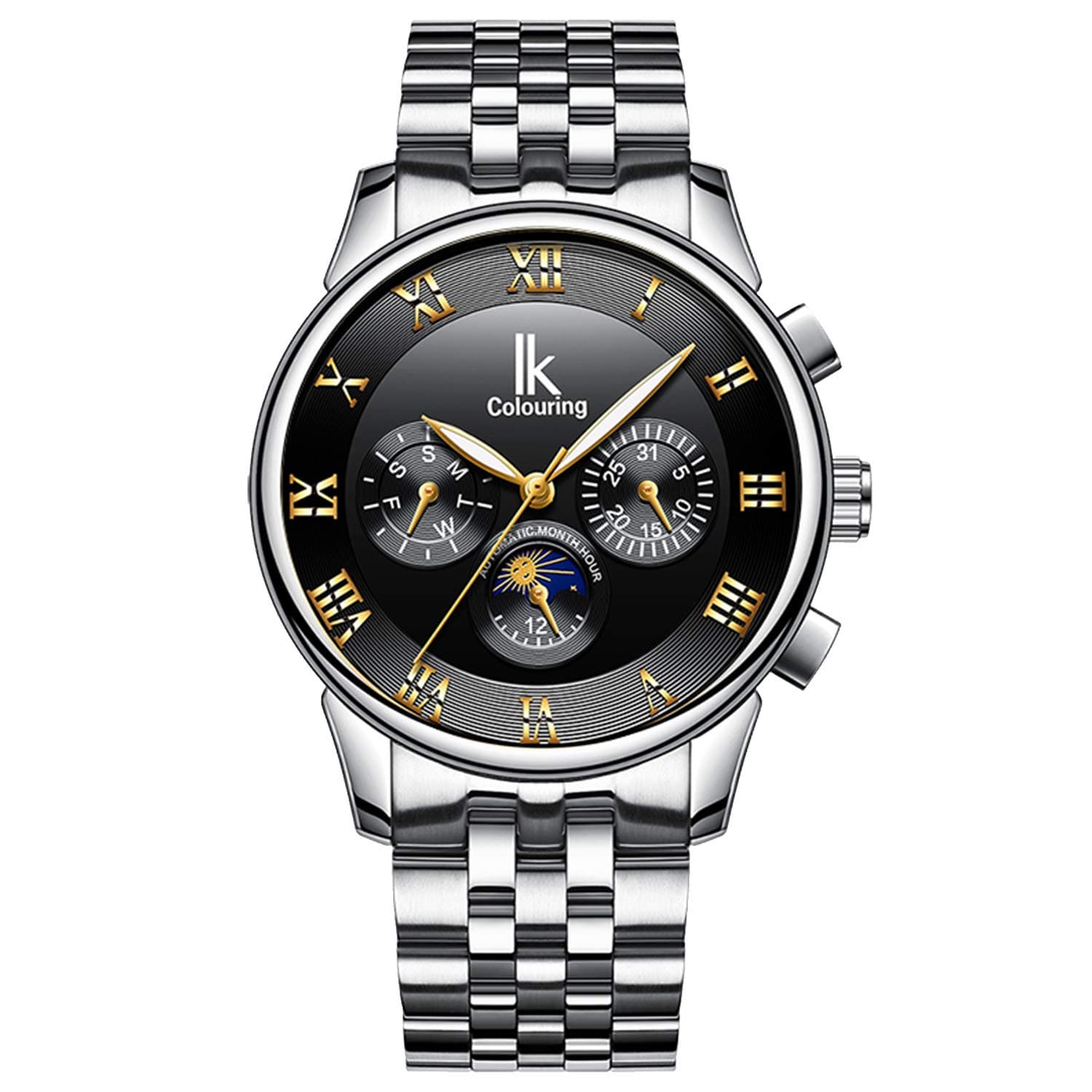 Gute Men's Mechanical Watch Automatic Moon Creative Waterproof Calendar Weekly,Roman Numeral Business Casual Stainless Steel Strap