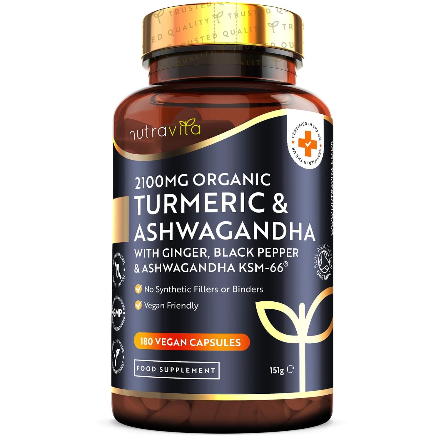 Turmeric & Ashwagandha KSM-66 ® - 180 High Strength Capsules with Ginger & Black Pepper - Organic Tumeric & Ashwagandha Supplement - Vegan & Gluten Free - UK Made