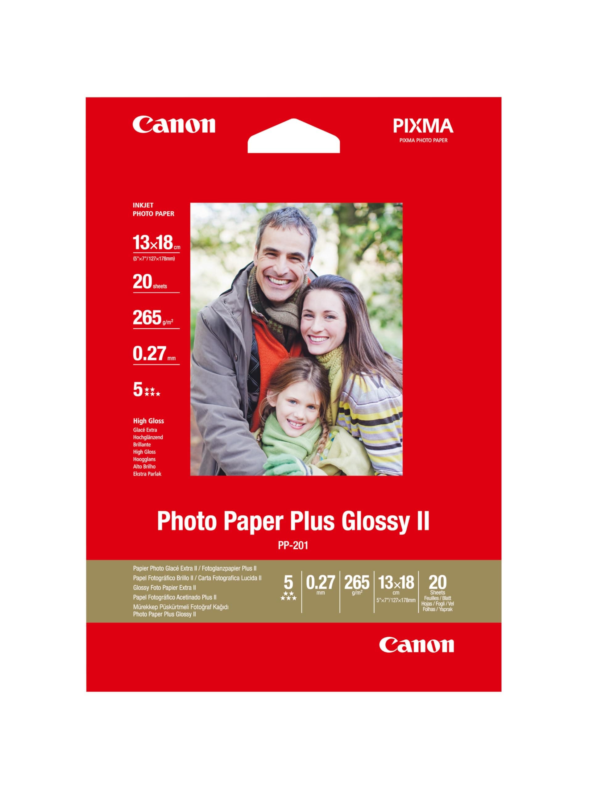 Canon PP-201 Glossy II Photo Paper Plus 5x7 (20 Sheets) - Ideal for Photo Printing, 5x7, 13x18cm - Durable Prints, Instant Touch-Dry - Compatible with Canon Inket Printers