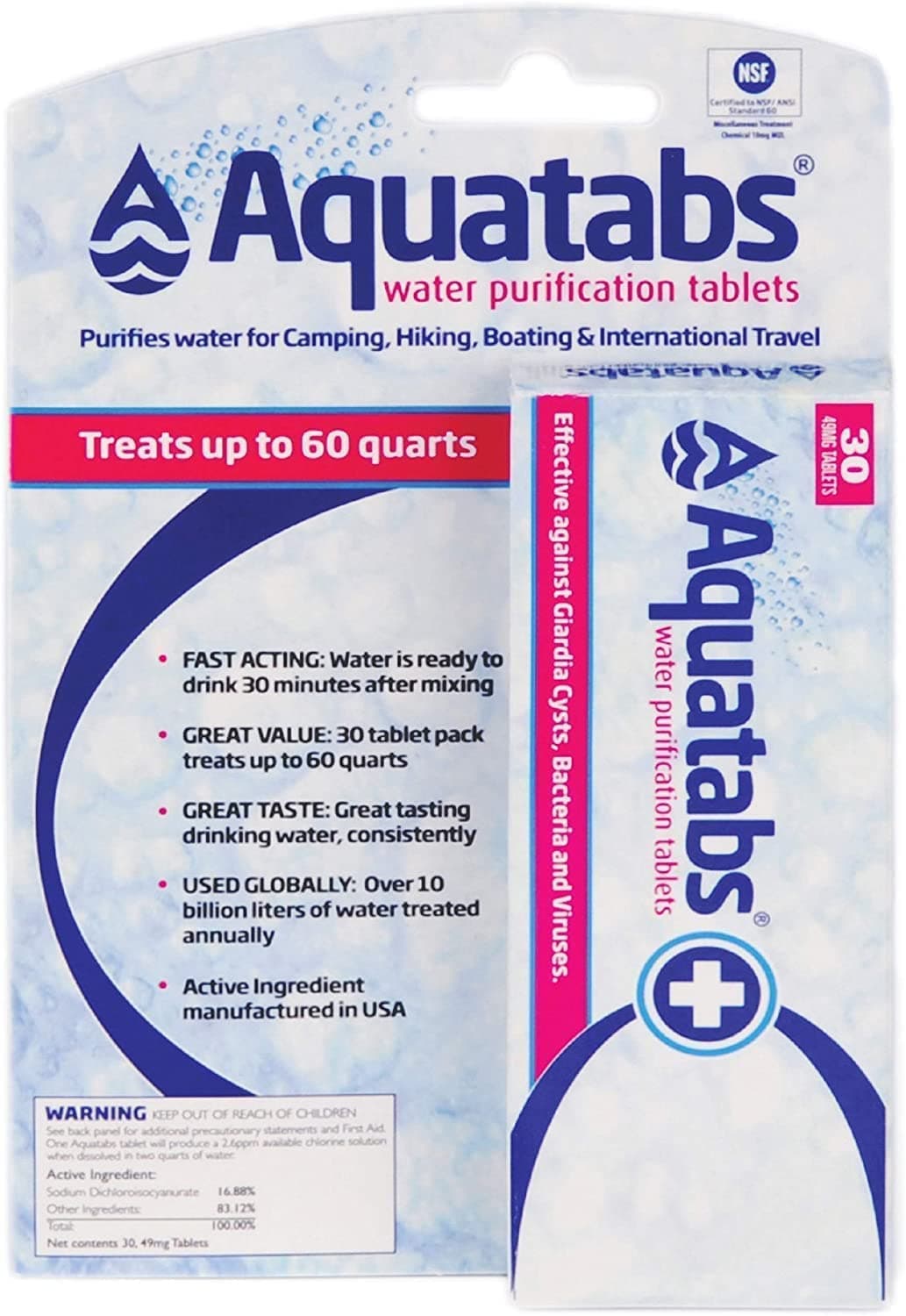 49mg Water Purification Tablets (30 Pack). Water Filtration System for Hiking, Backpacking, Camping, Emergencies, Survival, and Home-Use. Easy to Use Water Treatment and Disinfection.