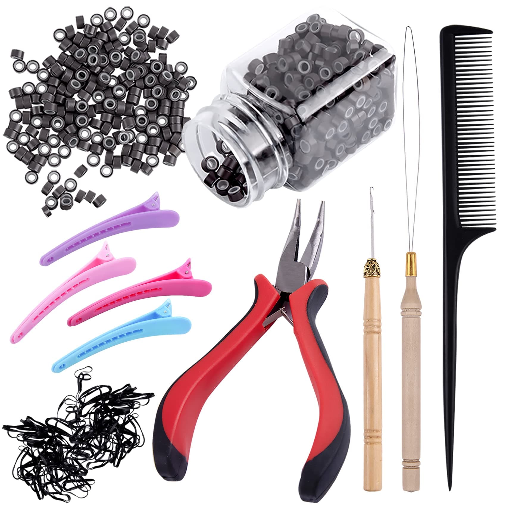 Duufin Hair Extensions Tools Kit 500 Pcs Dark Brown Micro Ring Beads 1 Micro Beads Plier 2 Hook Needle Pulling Loop 4 Plastic Alligator Hair Clips 1 Comb and 2 Bags Black Mini Rubber Hair Elastic