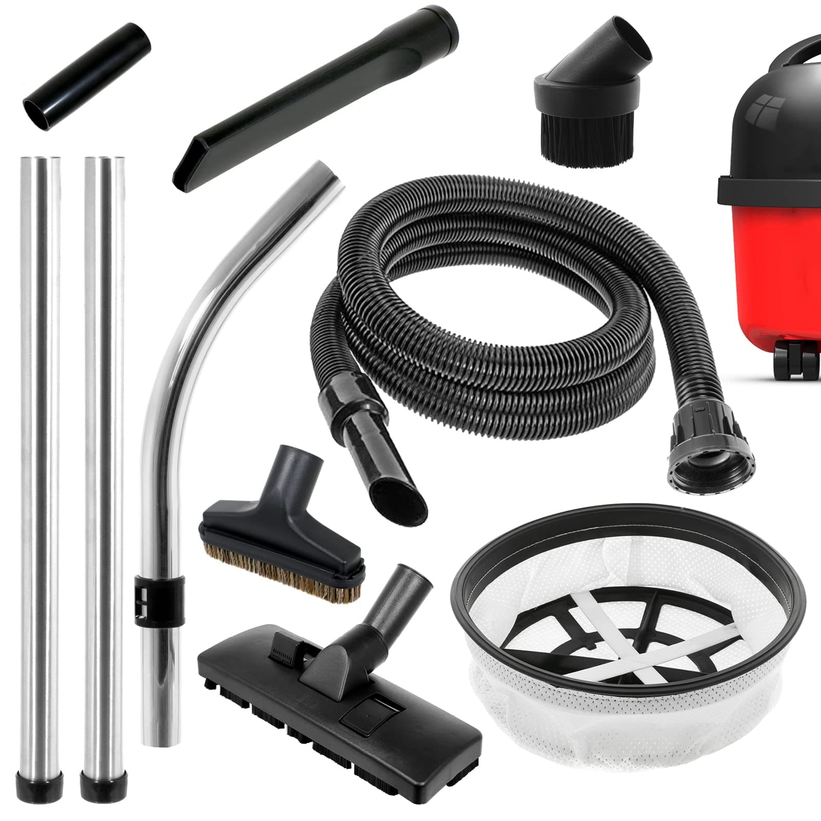 SPARES2GO 1.8m Hose Filter Rods + Full Brush Tools Kit for Numatic Henry Hetty Vacuum Cleaner