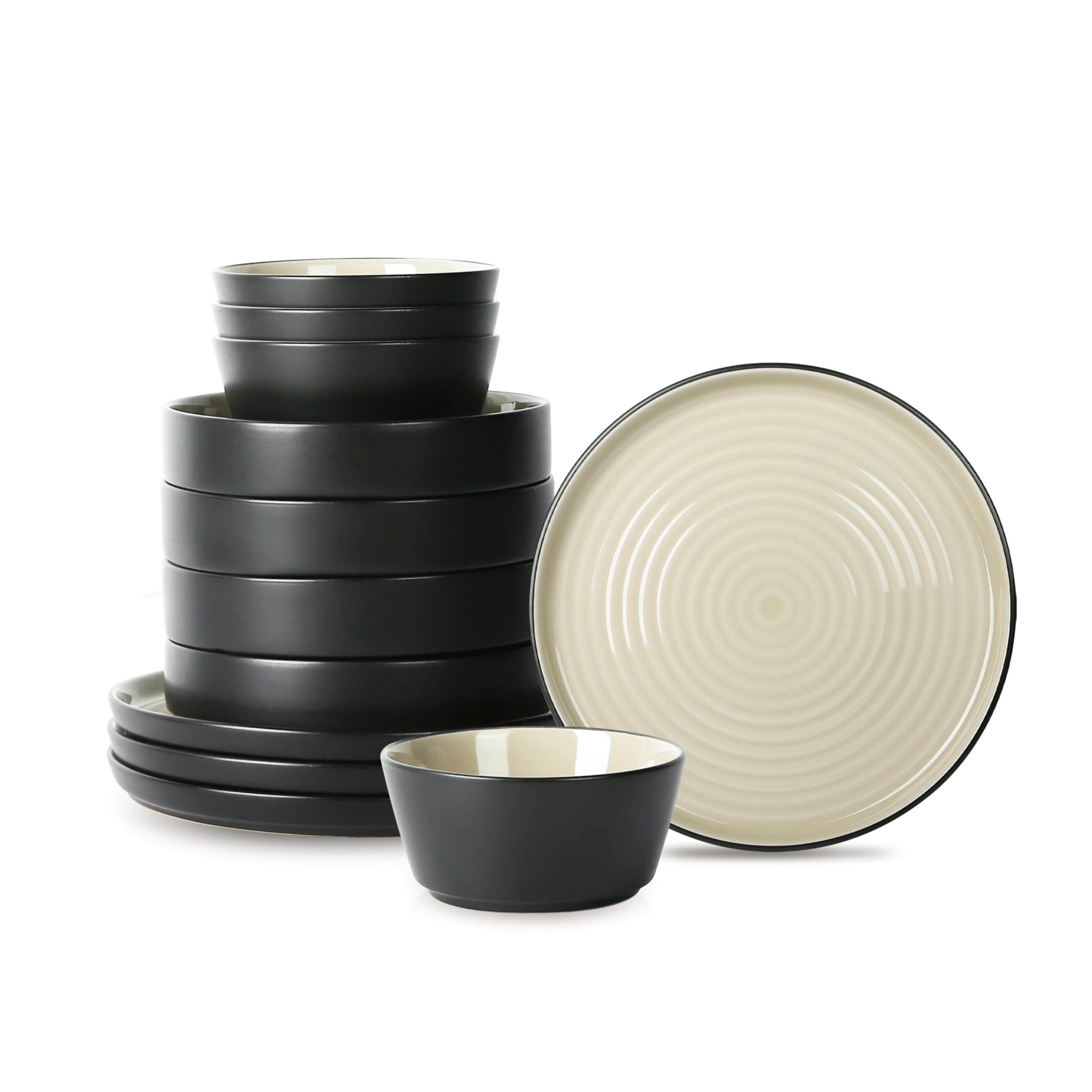 Elica Stoneware 12-Piece Dinnerware, Plates and Bowls Sets, Service for 4, Beige and Black, Modern Dishware, Microwave & Dishwasher Safe