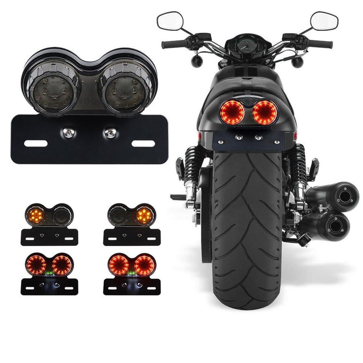 Motorcycle LED Tail Light Retro Refit Integrated Double Round Brake Light Turn Lights Light Step 12V 40W with License for ATVs Dirt bike Knight Scooter Cruiser buggy (Color:Smoked Red) (red)