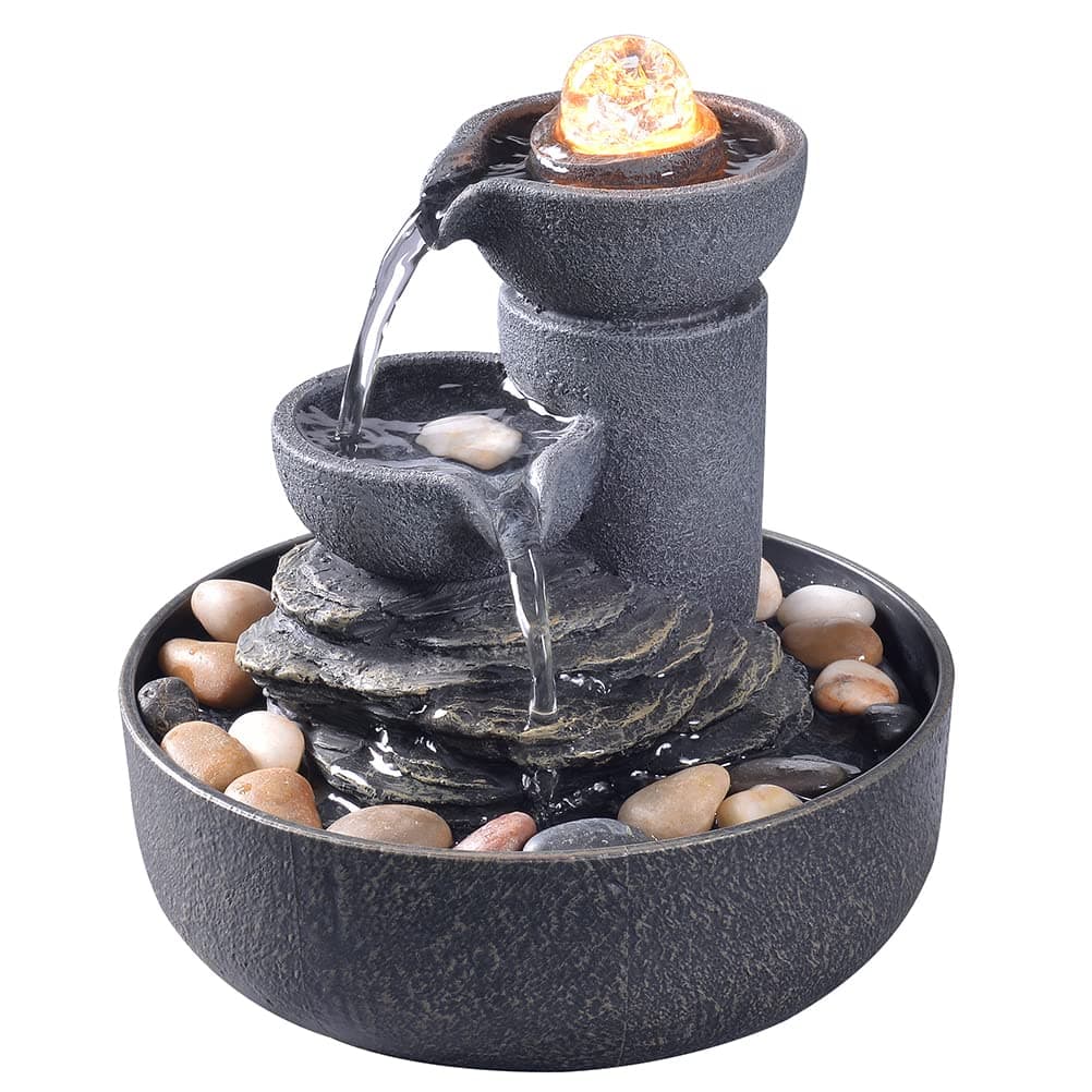 Tabletop Fountain Indoor Fountain 2-Tiered Water Meditation Decorative Waterfall w/LED/Cobblestone/Glass Rolling Ball Soothing Sounds for Office and Home