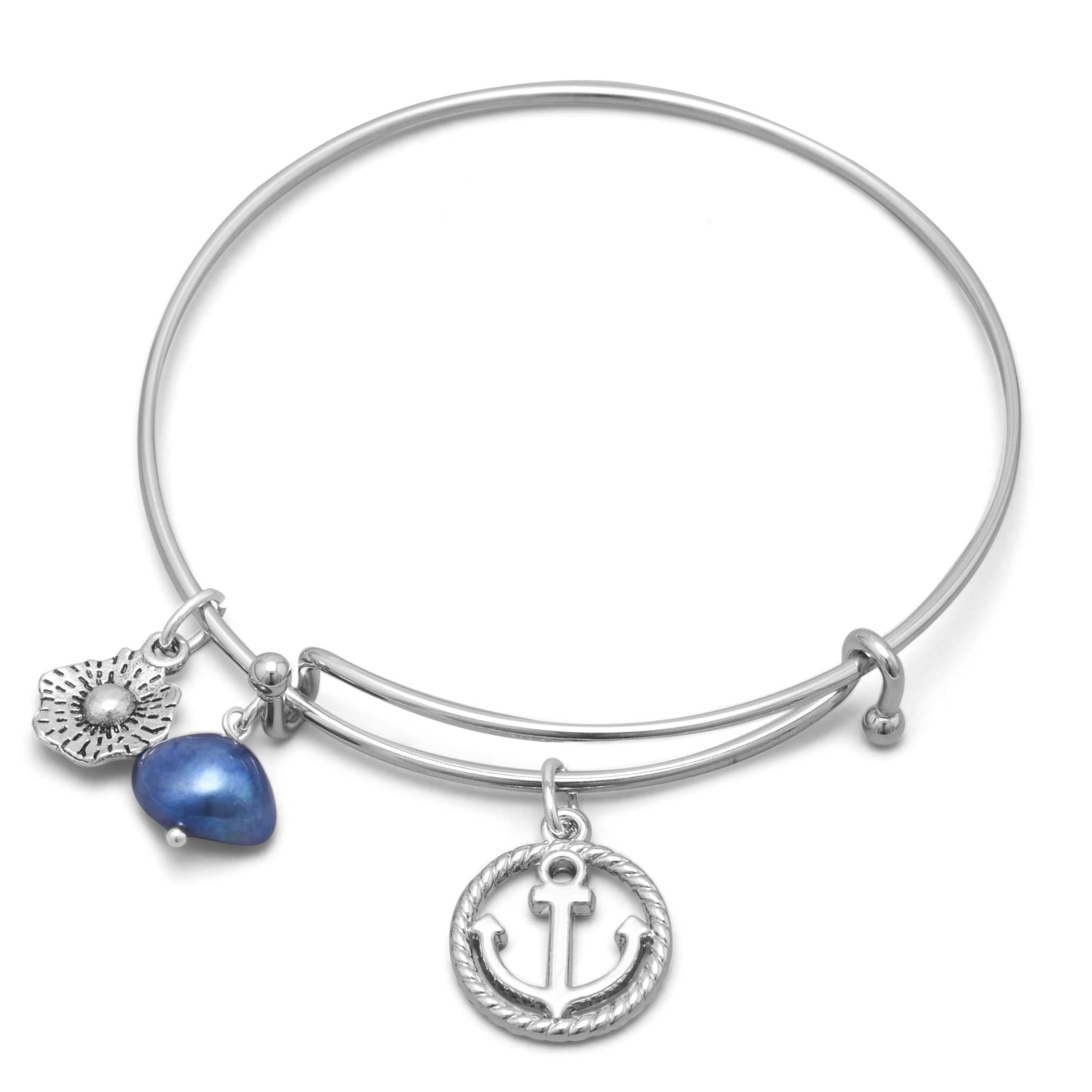 SilverStones Expandable Silver Tone Bangle Bracelet with Nautical Charm and Blue Cultured Pearl 7.75”
