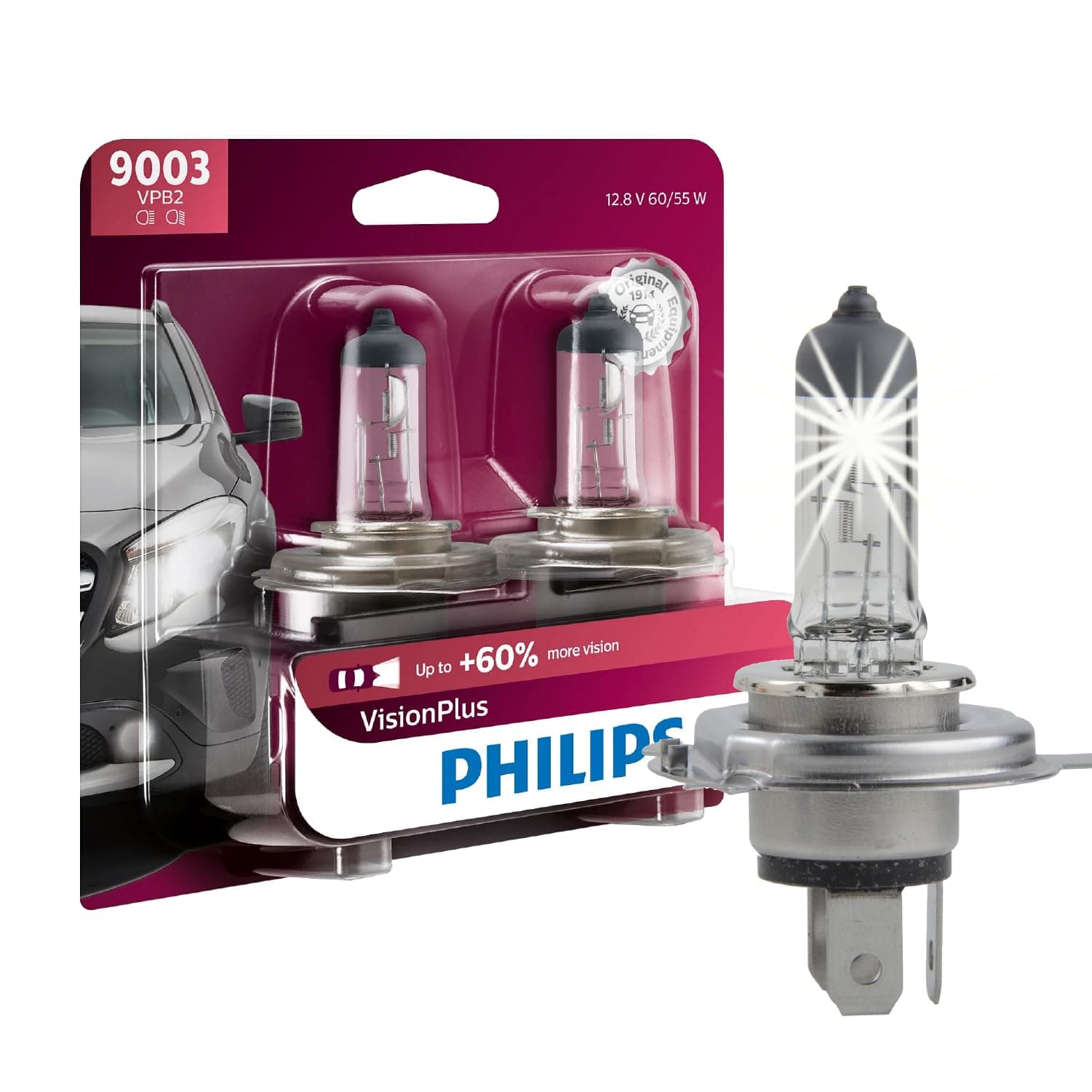 Philips Automotive Lighting 9003 VisionPlus Deluxe Upgrade Automotive Replacement Headlight Bulb, Fits Select High Beam, Low Beam, or Fog Positions (Pack of 2)