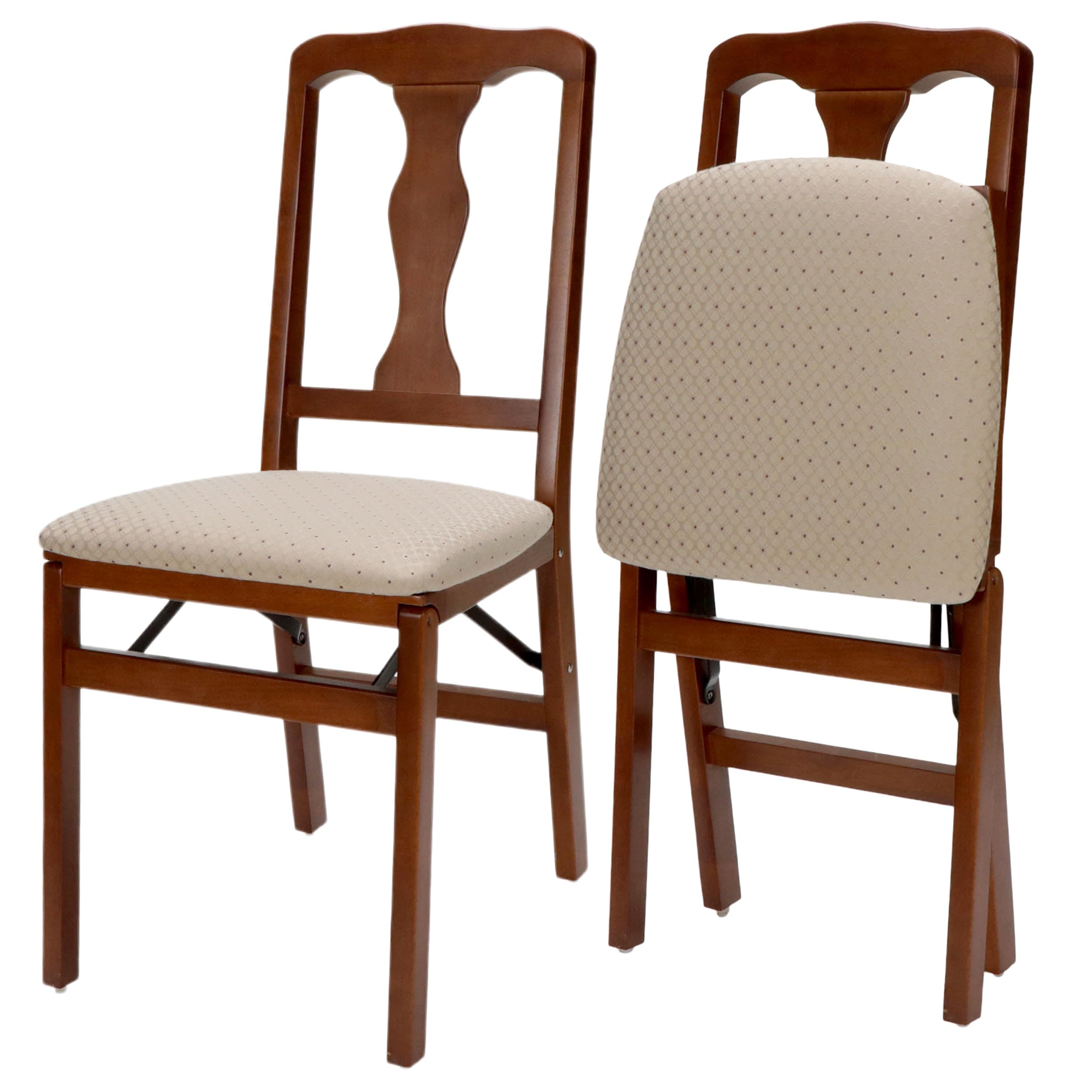 Stakmore Queen Anne Wooden Folding Chairs with Padded Seats, Set of 2 - No Assembly Foldable Dining Chairs, Steel Folding Mechanism, Upholstered Cushion, Space-Saving, Cherry Frame