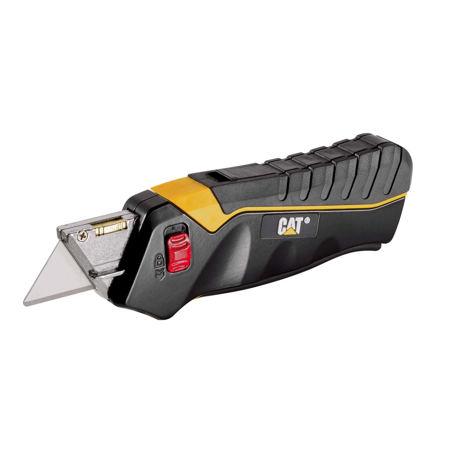 Cat Safety Utility Knife Box Cutter Self-Retracting, Squeeze Handle to Extend, Release to Retract, Lock Open w/Switch, Ergo Handle w/ 3 Safety-Tip Blades That Store Inside - 240071