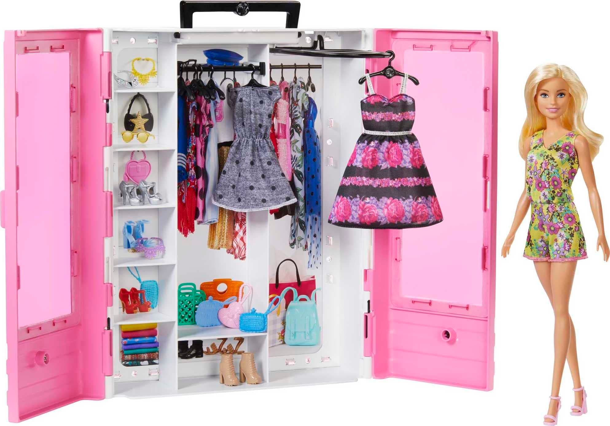 Barbie Fashionistas Doll & Ultimate Closet Playset with Clothes & 12 Accessories, Blonde Fashion Doll & Pink Closet Toy with Storage, Fold-Out Rack & Carrying Handle