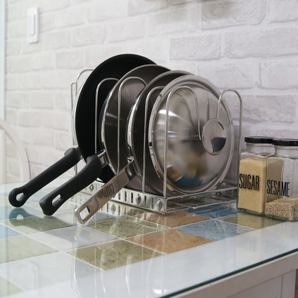 PRIME PAN ORGANIZER Rack (4-Tier) Stainless Steel Stand Holder Kitchen Storage Height Adjustable Pan Organizer Rack For Large Pans And Pots, Pot Rack, Pot Lid Holder