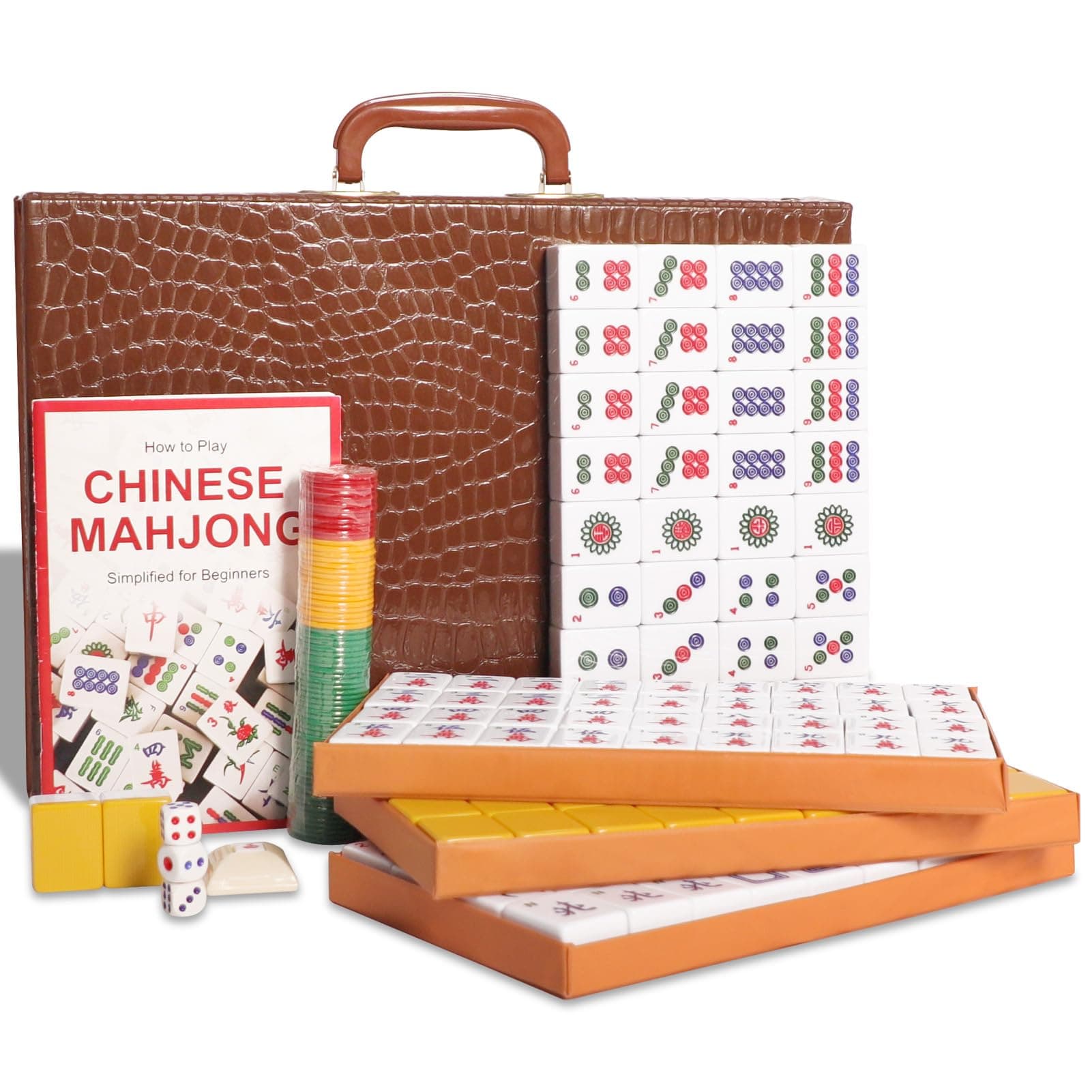 Chinese Mahjong Game Set, Mahjong Tiles Set with 146 Numbered Large Tiles (Yellow), Chinese Mahjong Set with Brown Carrying Case