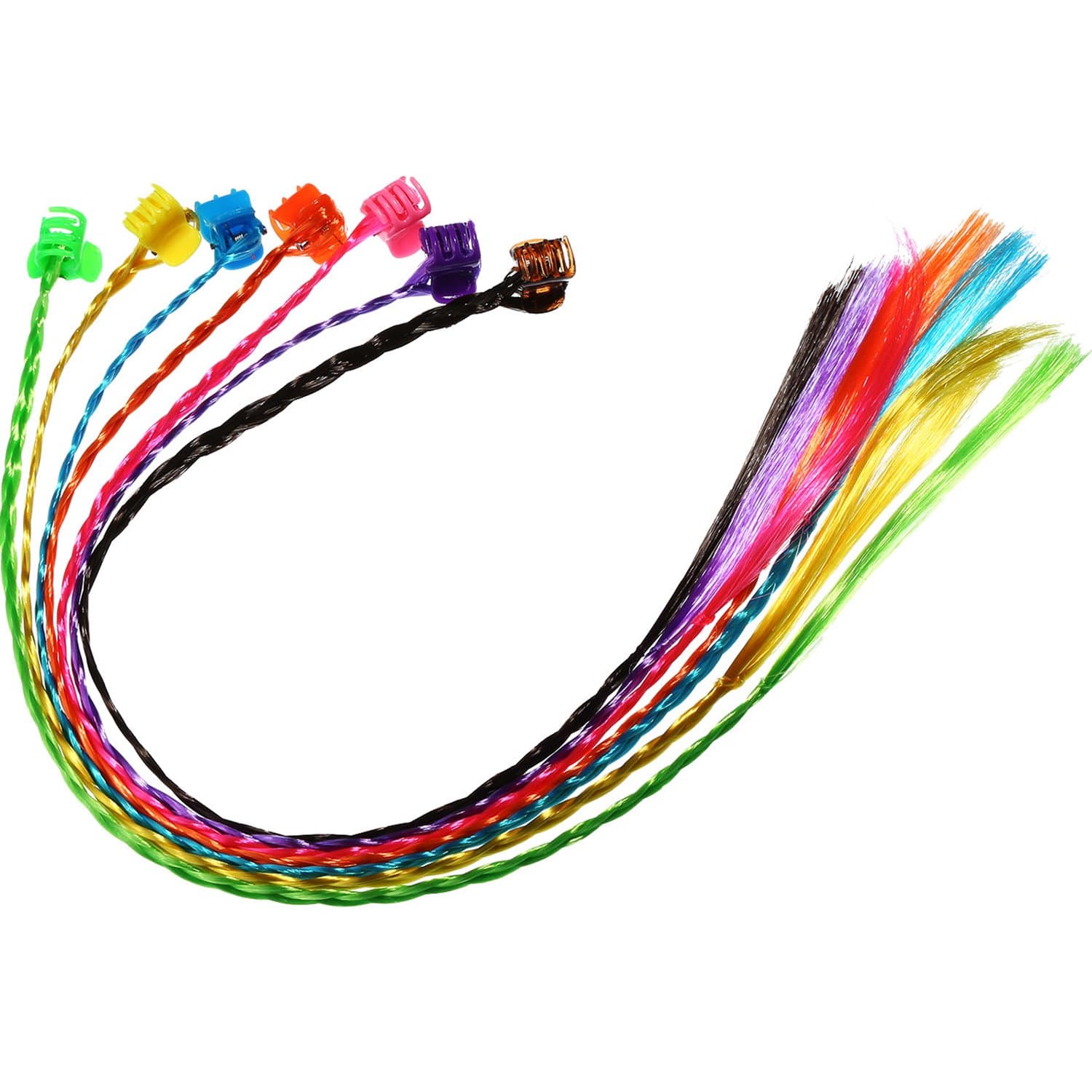 Bememo 21 pieces Nylon Braided kids Hair extensions Neon Hair Braid Extensions Attachments with Neon Clip Snaps for Birthday Party Favors and Children Performance, 7 Colors