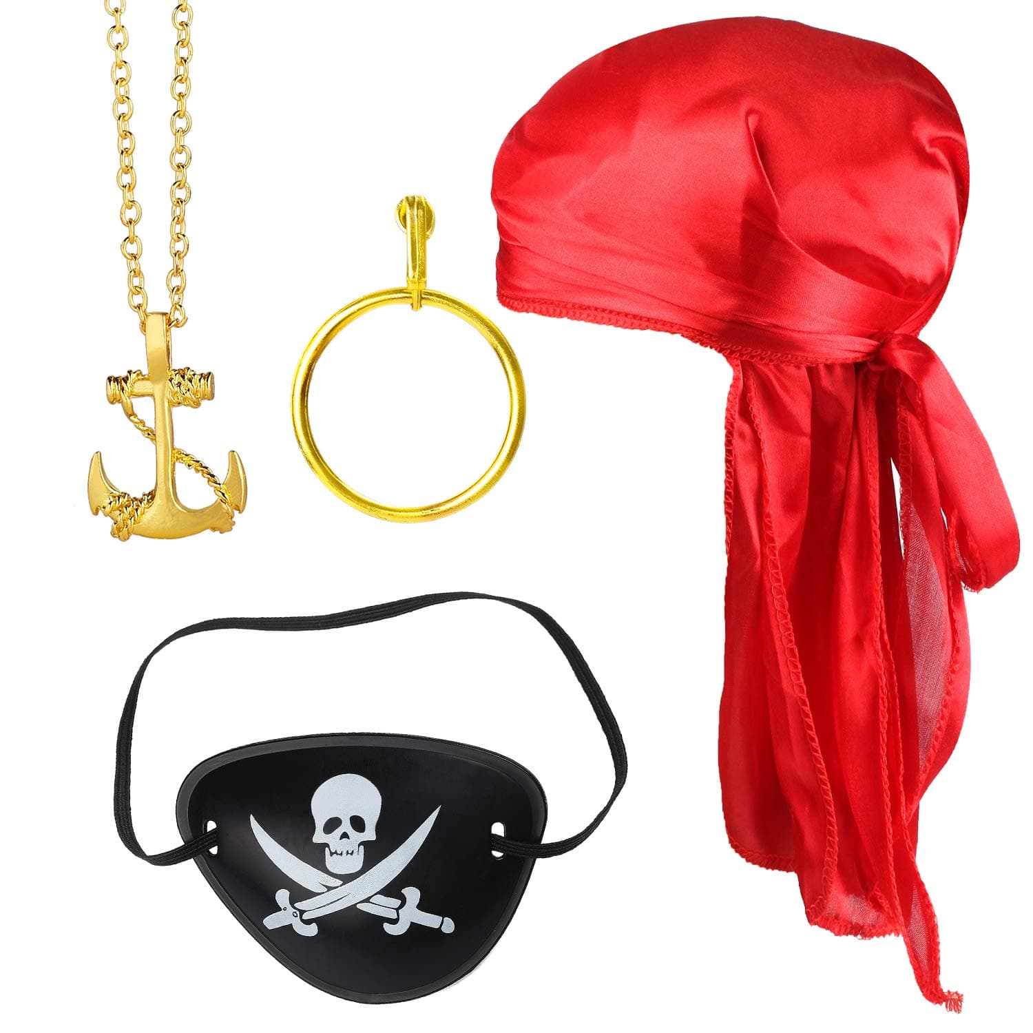 Haichen Halloween Pirate Costume Accessory Set Durag Long-Tail Headwraps Silky Pirate Cap Eye Patch Gold Earring Necklace Pirate Role Play Kit - 4 Pieces (Red2)