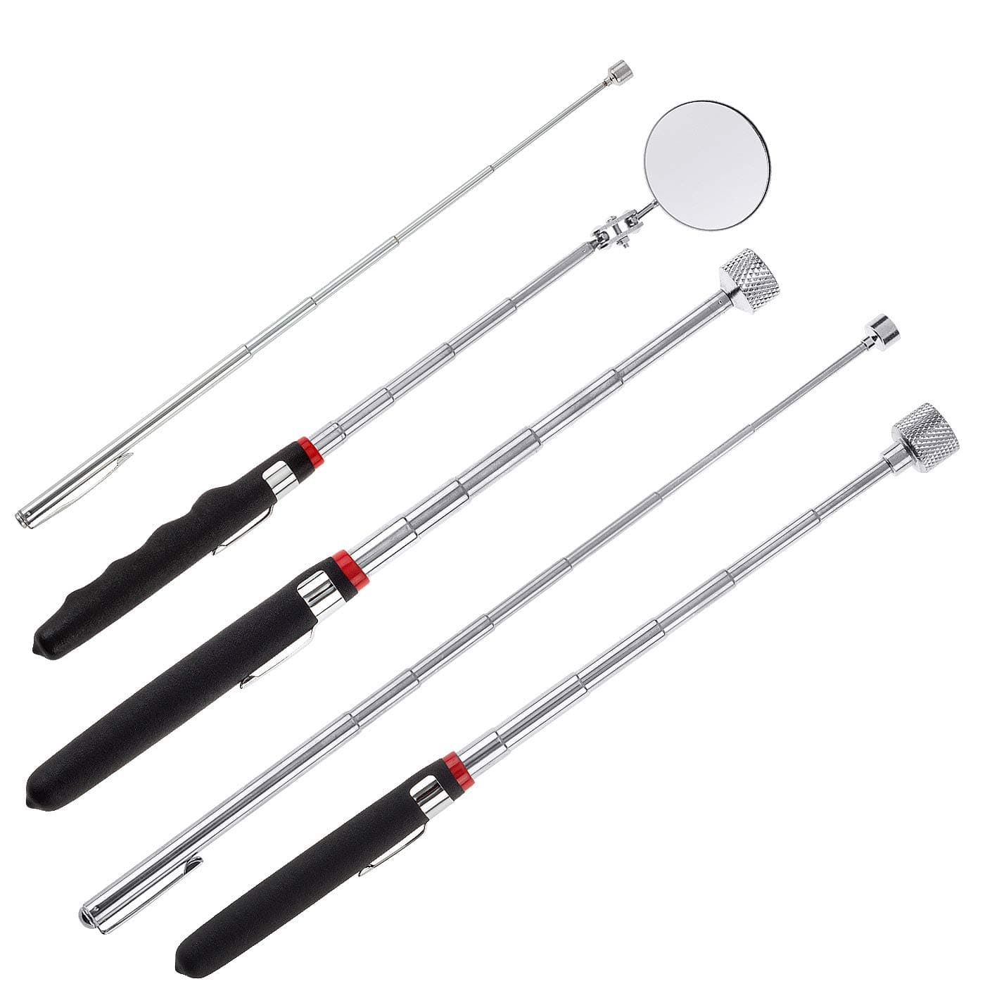 5 Pieces Magnetic Telescoping Pick-up Tool Kit with 1 lb/ 15 lb Pick-up Rod, Telescoping Handle 360 Swivel Round Inspection Mirror for Extra Viewing Pickup Dead Angle