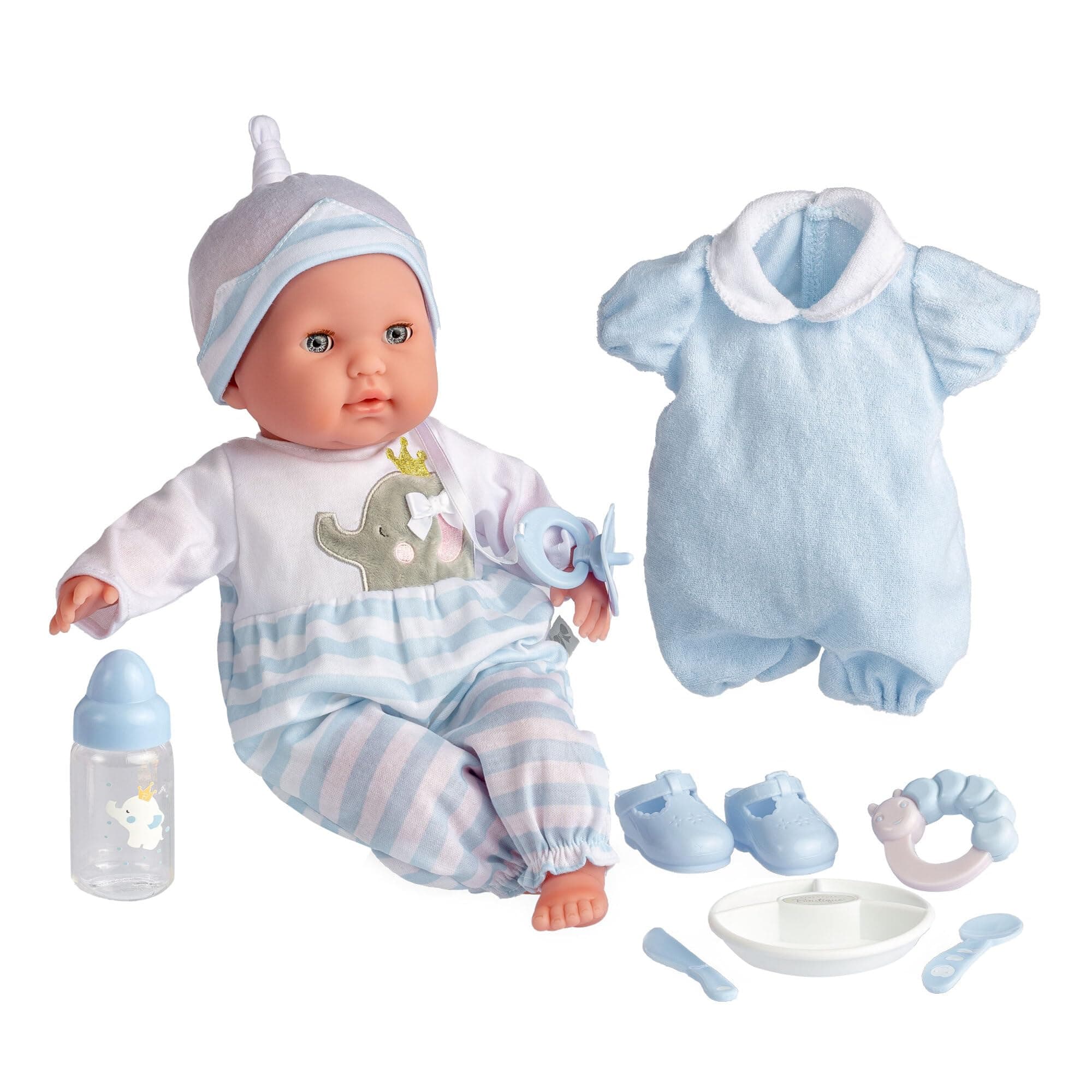 15" Realistic Soft Body Baby Doll with Open/Close Eyes | - Berenguer Boutique | 10 Piece Gift Set with Bottle, Rattle, Pacifier & Accessories | Blue | Ages 2+