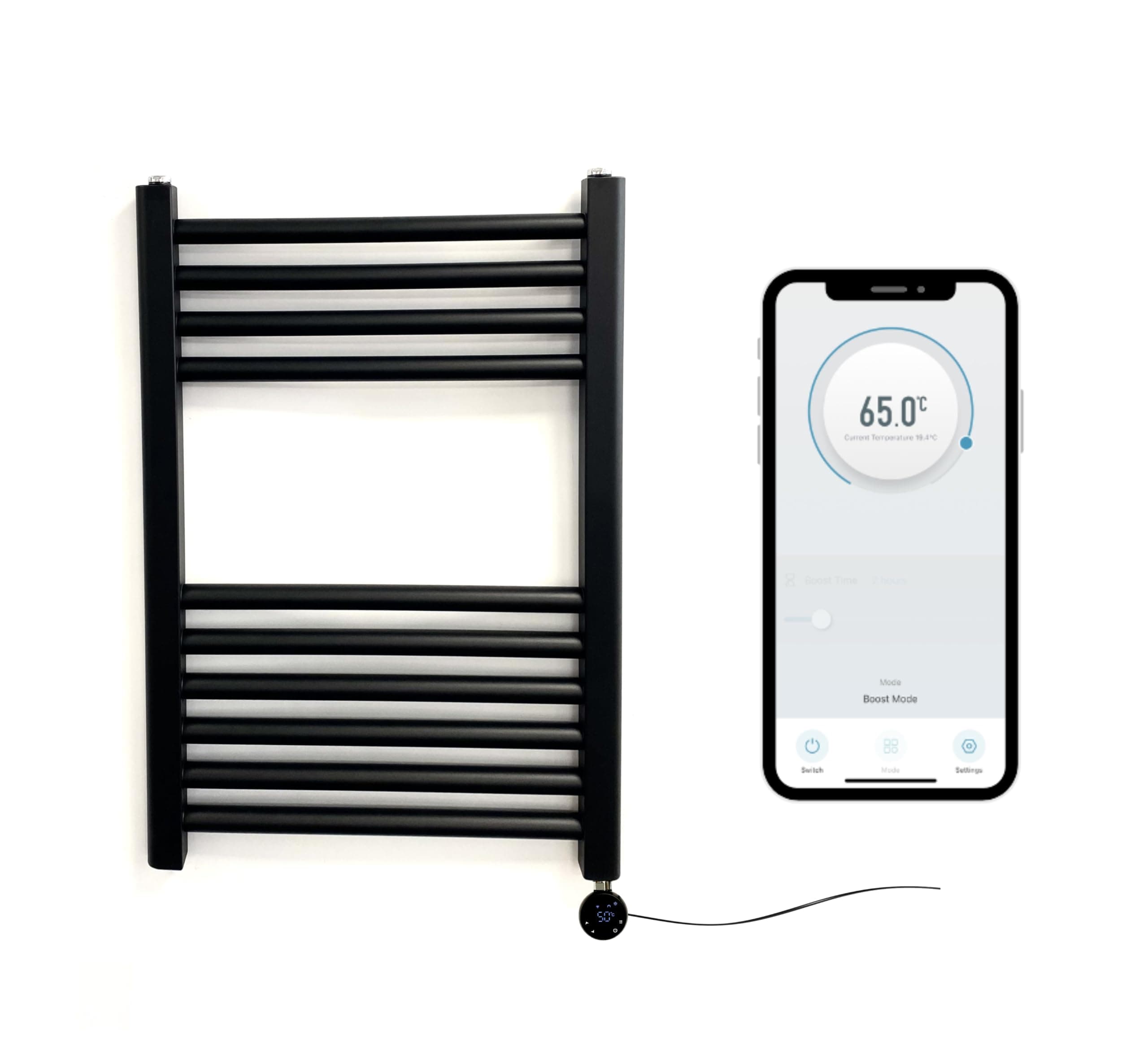 Matt Black Electric Smart WiFi Controlled Heated Towel Rail 500mm W x 600mm H 7 Day Programmable Timer App Compatibility