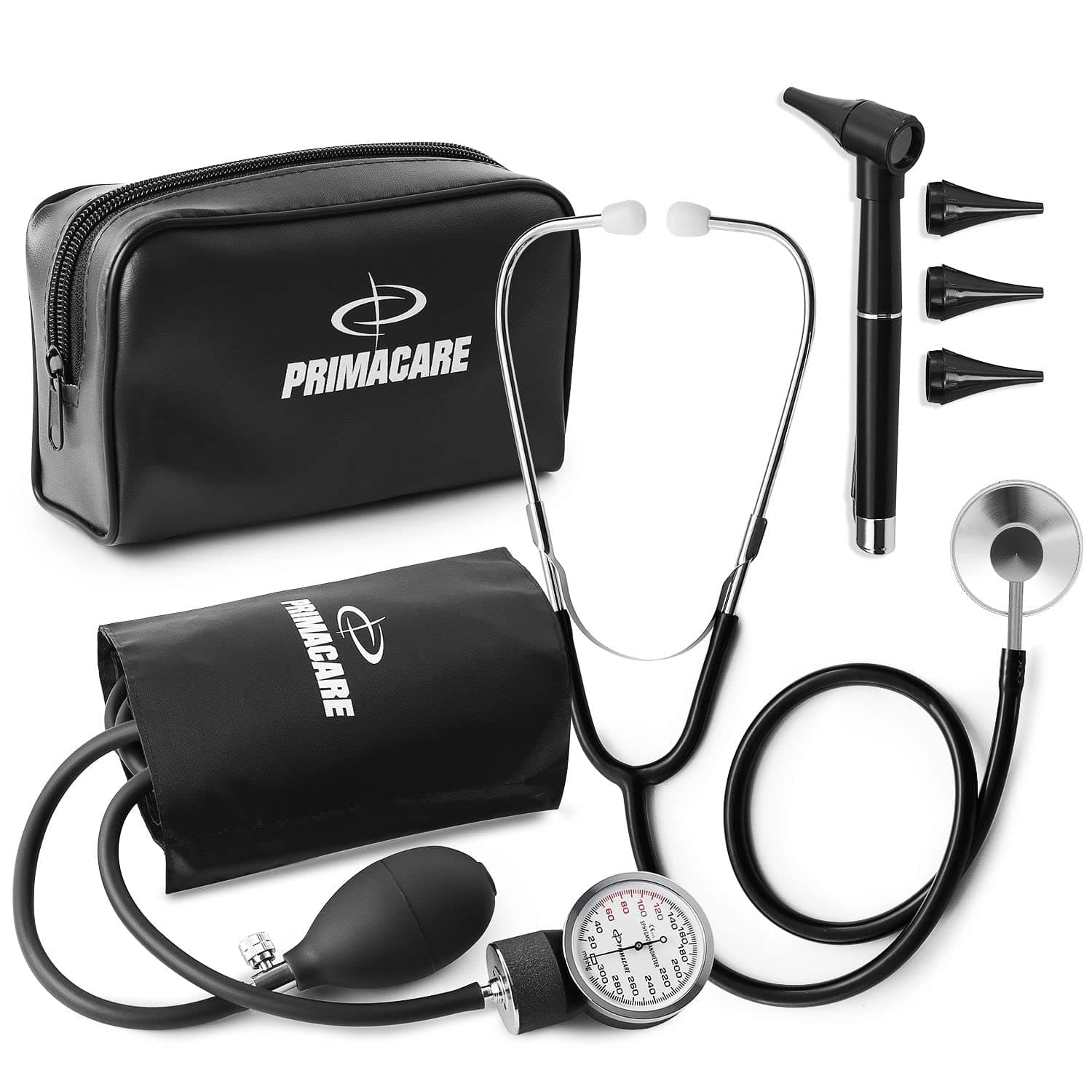 Primacare DS-9199 Nurse Essentials Starter Kit – Adult Aneroid Sphygmomanometer, Classic Stethoscope & Mini Diagnostic Otoscope with Travel Case