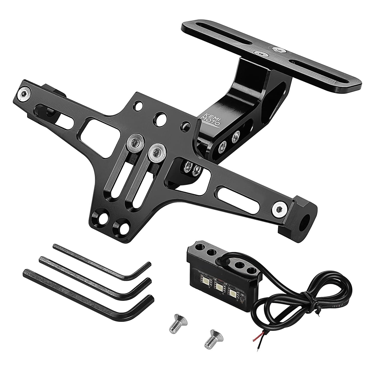 KEMIMOTO Universal Motorcycle License Plate Bracket with LED Light Fender Eliminator Kit CNC Aluminum Motorcycle Tail Tidy License Plate Holder Mount Black