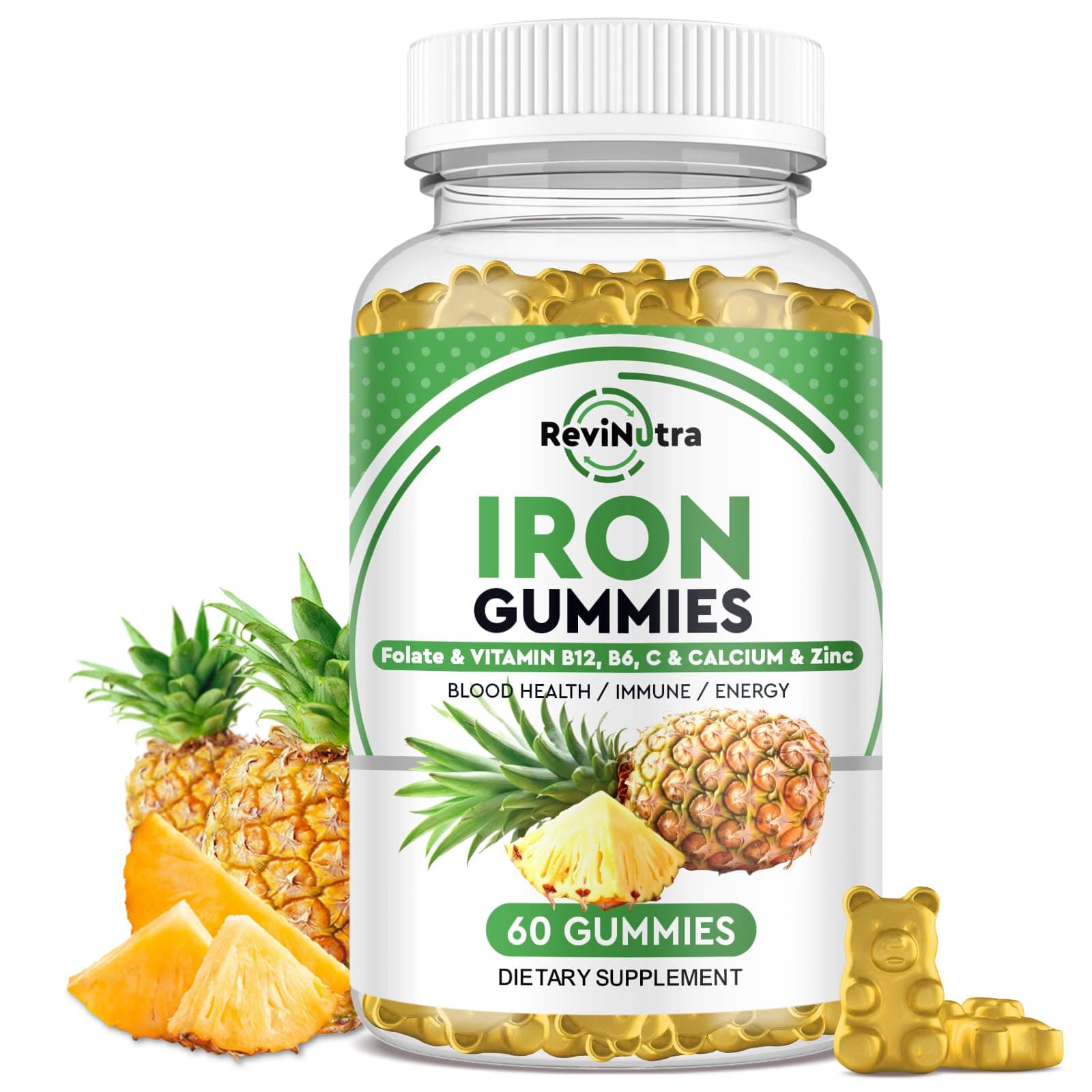 Iron Gummies with Zinc, Calcium, Vitamin C, B6 & B12 | Iron Supplement for Women, Men & Kids | Supports Anemia & Deficiency, Blood Builder & Cell Formation | Chewable Pineapple Flavor | 60 Gummies
