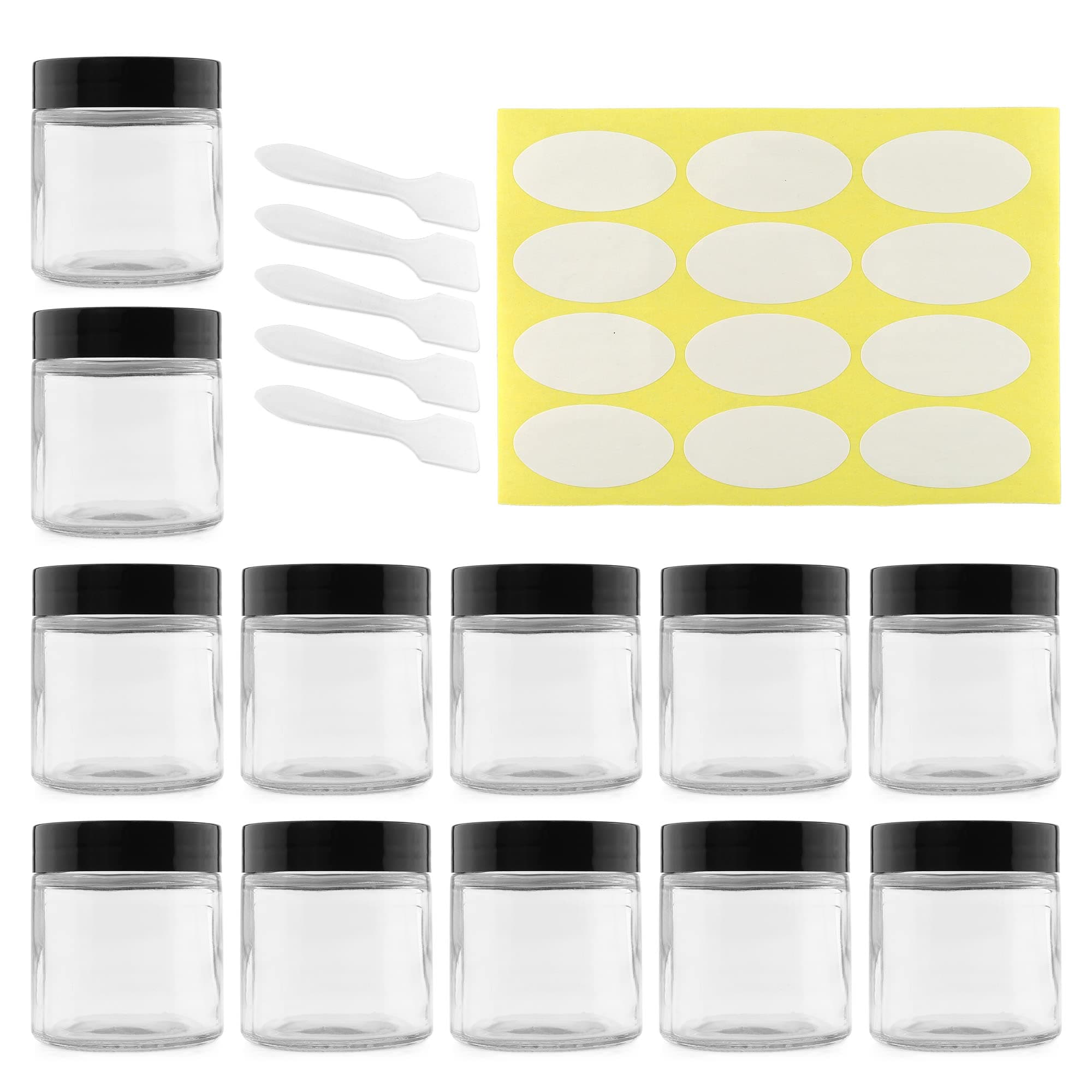 Cornucopia Brands 4-Ounce Clear Glass Jars (Pack of 12) Straight-Sided Containers for Cosmetics and Food Storage with Spatulas and Labels