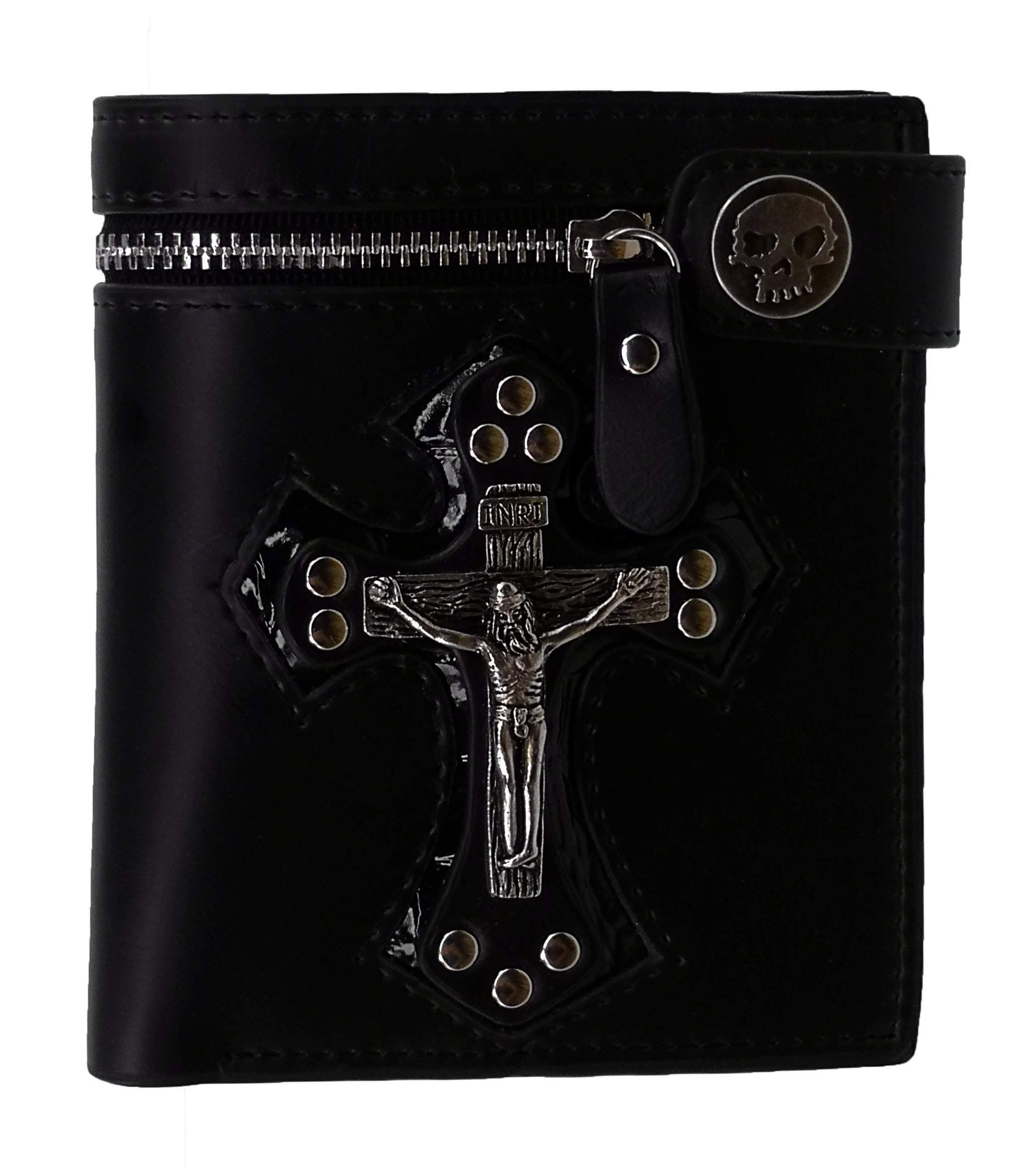 ABC STORY Mens Skull Button Snap Inri Cross Wallet Bifold Genuine Leather Black