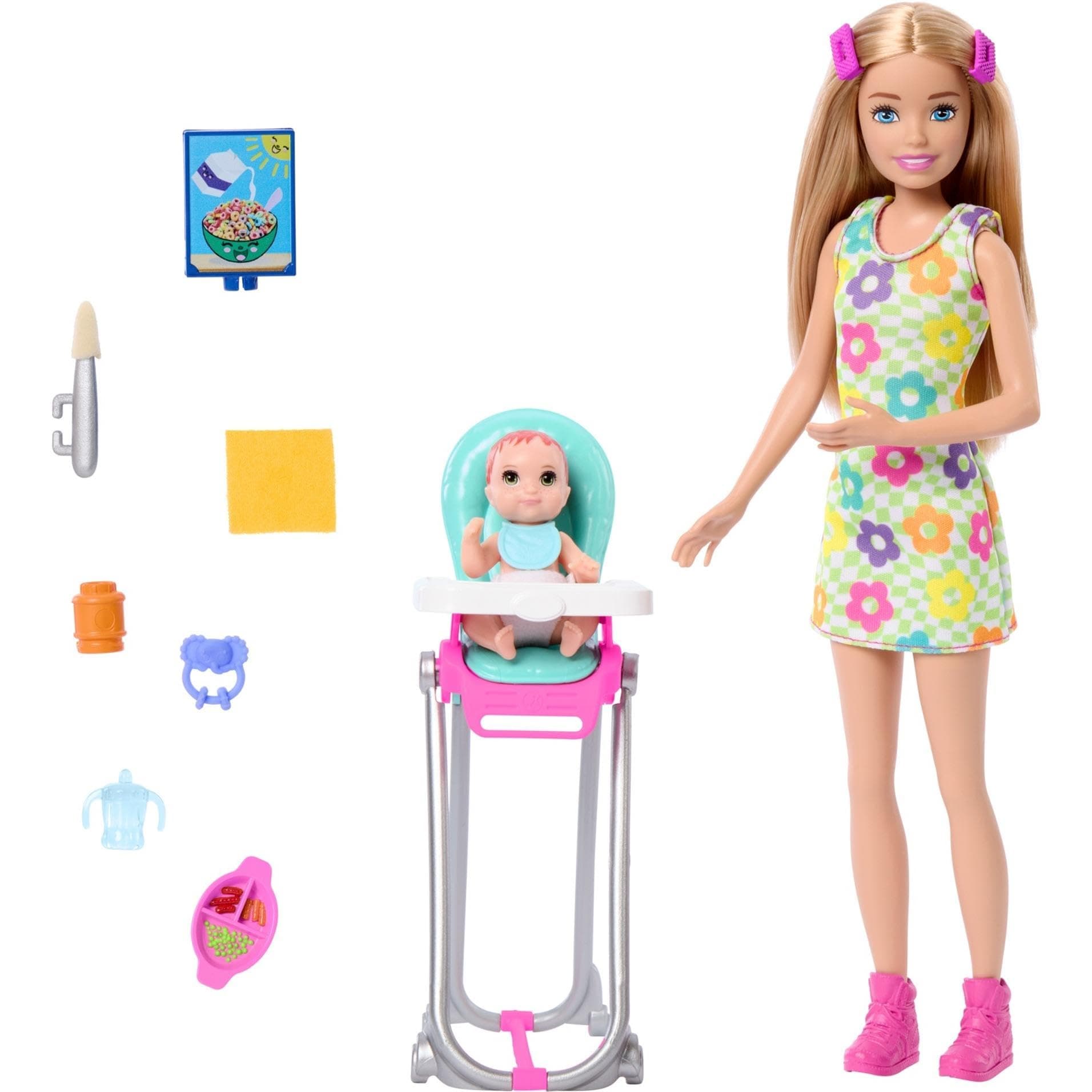 Barbie Skipper Babysitters Inc & Playset, Includes Doll, Baby, and Mealtime Accessories, 10 Piece Set