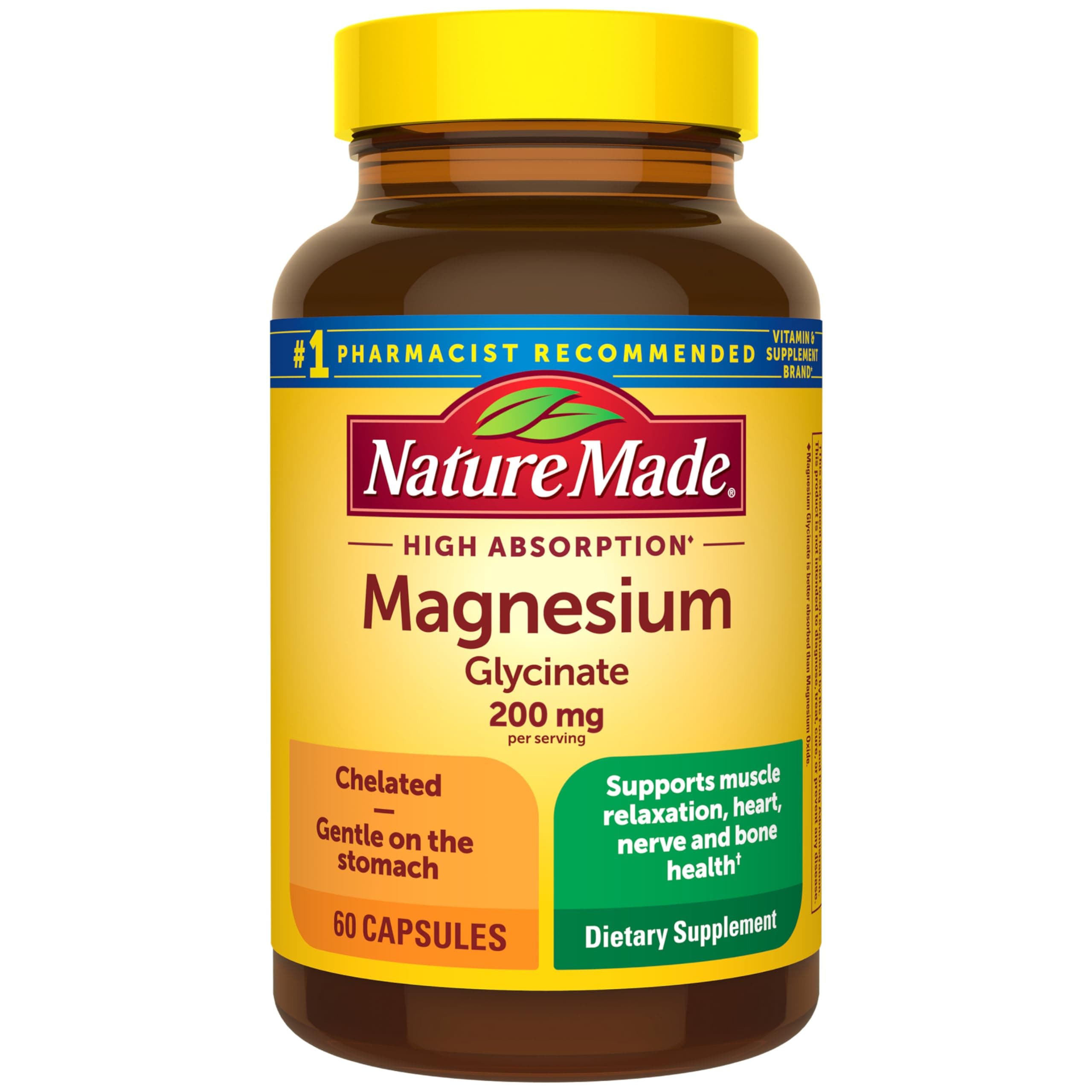 Magnesium Glycinate 200 mg per Serving, Dietary Supplement for Muscle, Heart, Nerve and Bone Support, 60 Capsules, 30 Day Supply