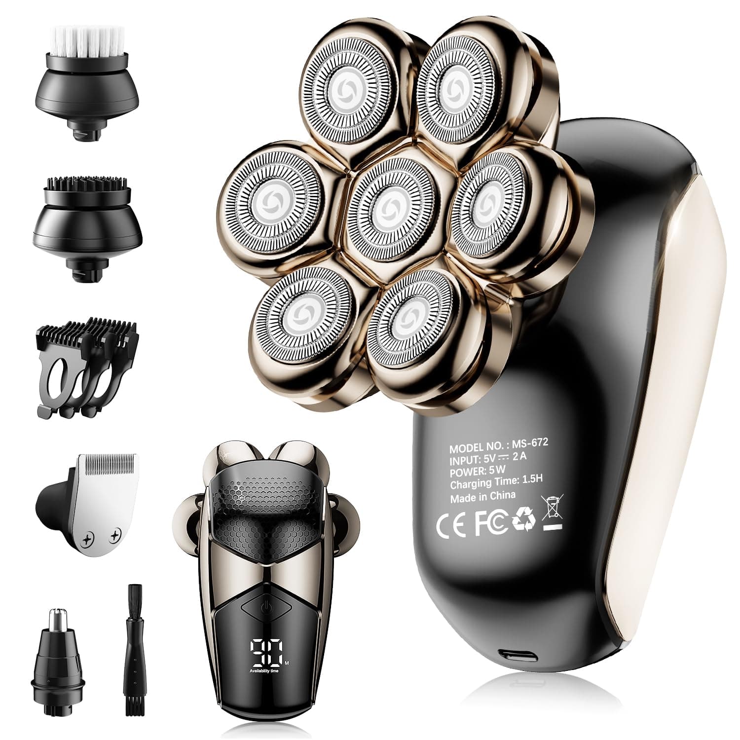 Men's Electric Bald Razor, ROSSIFUR 5 in 1 Bald Men's Head Shaver, IPX7 Waterproof with 7 Rotating Shaver Heads, Nose Hair Sideburn Trimmer, Type C Rechargeable Grooming Set