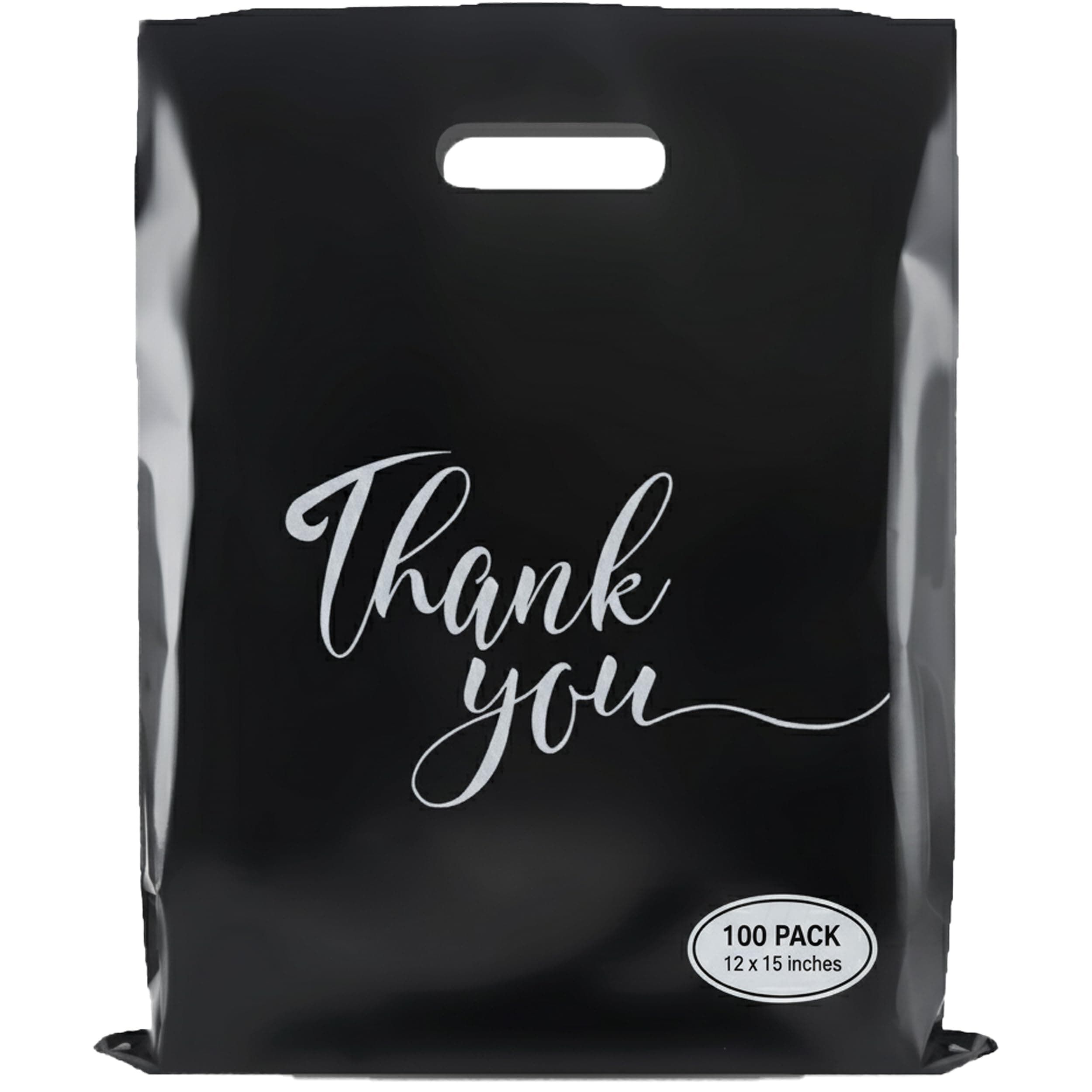 Rainbows & Lilies 100 Thank You Plastic Bags with Handles - 12"W x 15"H Thick Reusable Bulk Shopping Bags for Small Business, Retail, Boutique, Merchandise, Clothes, Gifts, Goodie Party Favors (Black)