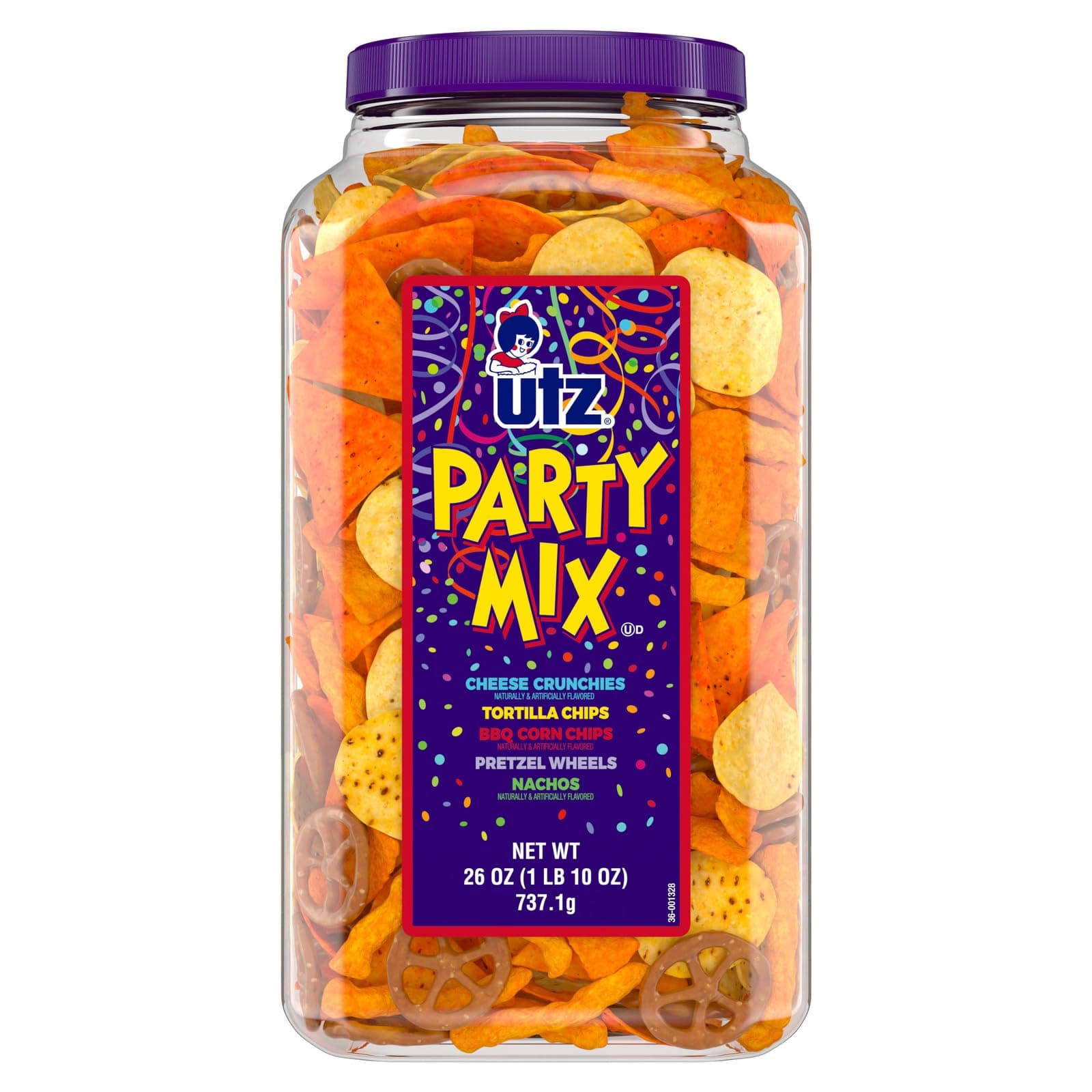 Party Mix - 26 Ounce Barrel - Tasty Snack Mix Includes Corn/Nacho Tortillas, Pretzels, BBQ Corn Chips and Cheese Curls, Easy and Quick Party Snacks, Cholesterol Free and Trans-Fat Free