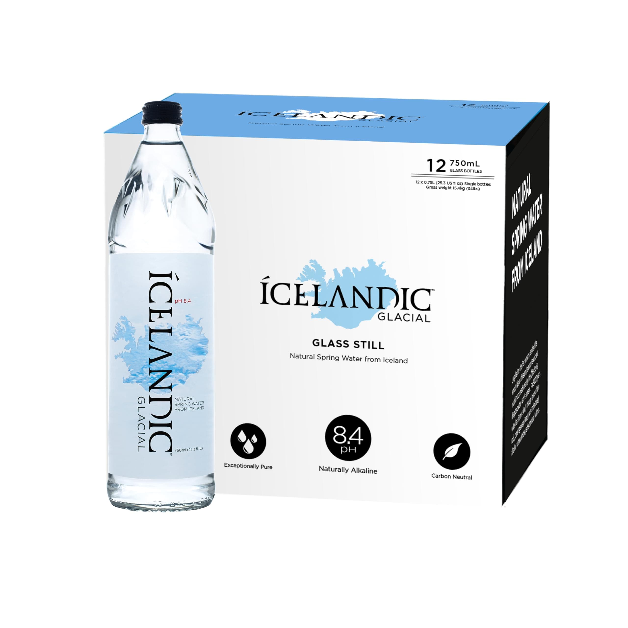 Icelandic Glacial Premium Still Water 12 x 750ml Glass Bottles – Alkaline/Low PH, Recycled Packaging, BPA Free, Carbon Neutral from Icelandic Spring. Low TDS and Mineral Content.