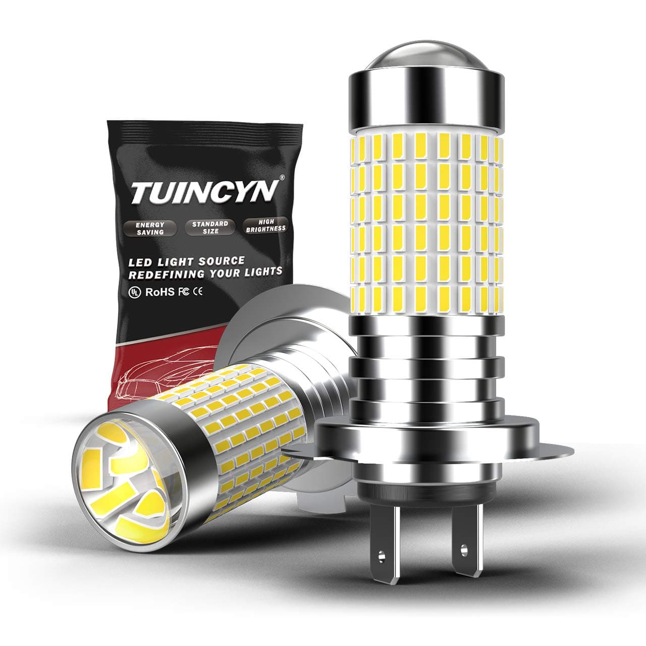 TUINCYN H7 1500 Lumens 3014 144 SMD LED Bulbs Super Bright Xenon White Automotive Exterior Fog Lights Daytime Running Lights with Lens(Pack of 2)