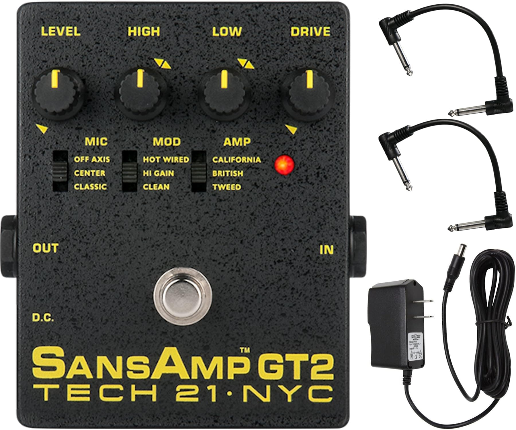 Tech 21 SansAmp GT2 Tube Amp Emulator Pedal Bundle with 2 Patch Cables and Power Supply