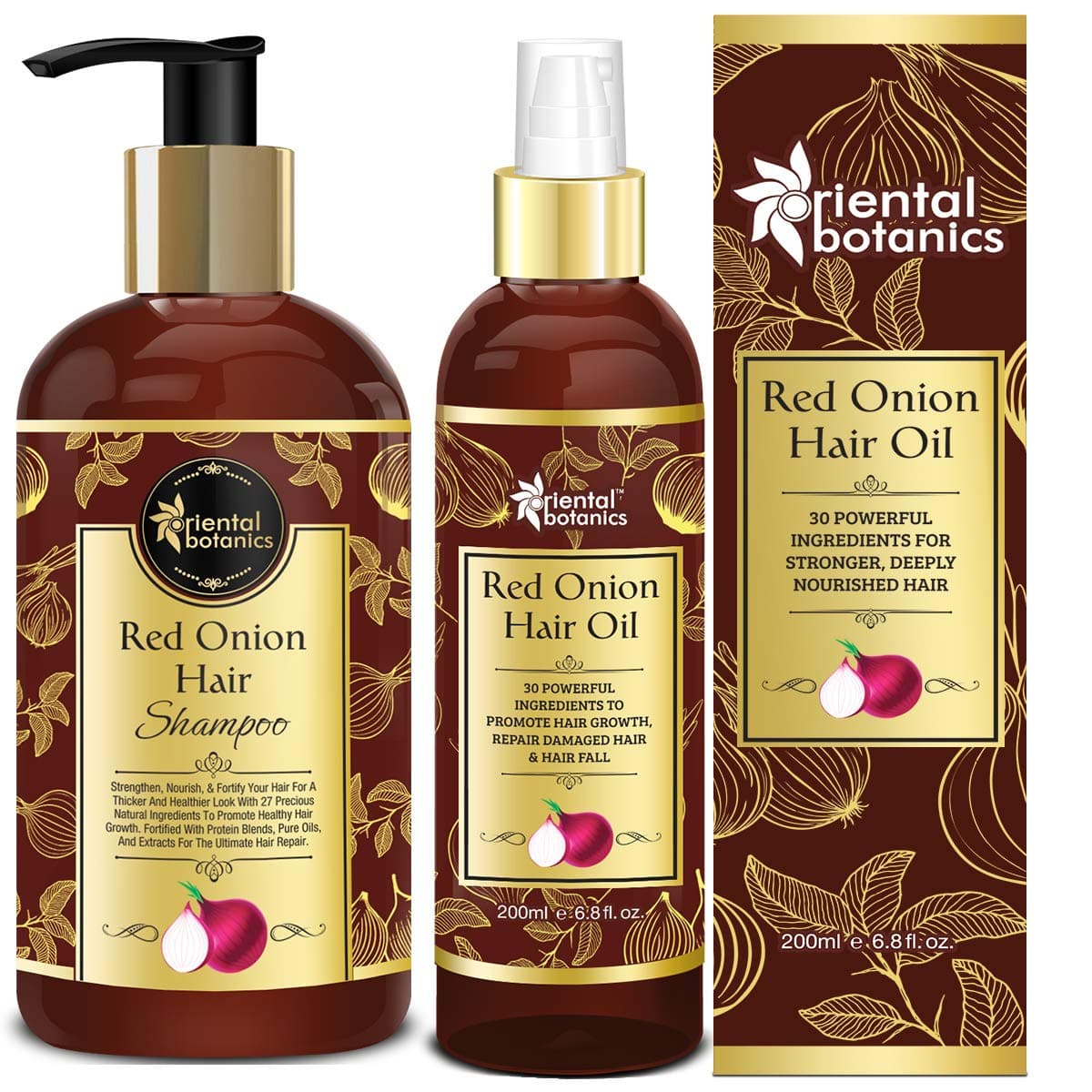 Oriental Botanics Onion Hair Care Combo | Red Onion Hair Shampoo + Red Onion Hair Oil (Set of 2) with Red Onion Oil for Strong & Healthy Hair