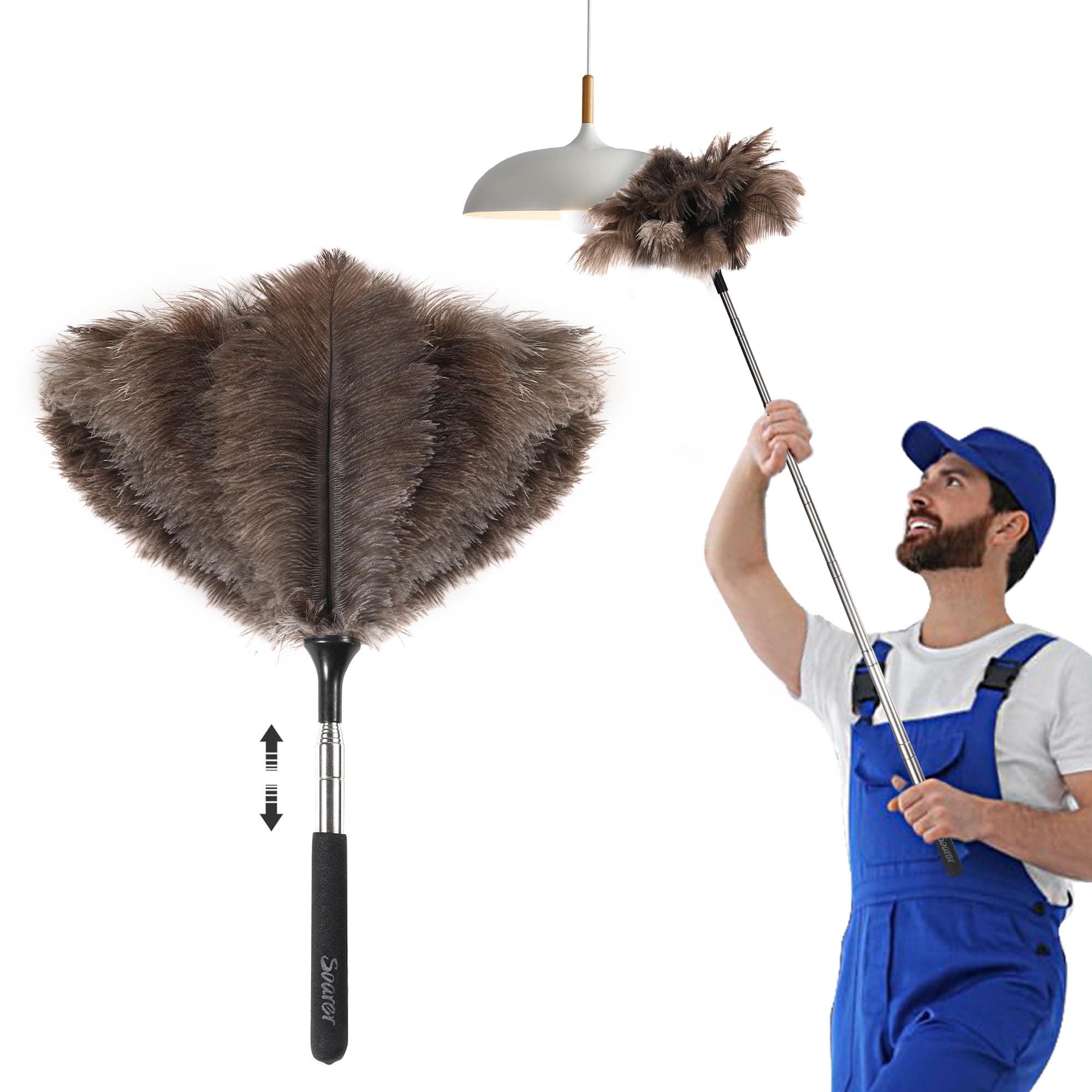 Soarer 40 Inch Ostrich Feather Duster - Extendable Handle, Wood Handle, Fluffy Natural Genuine Feathers, Ideal for Home, Car, Office Cleaning