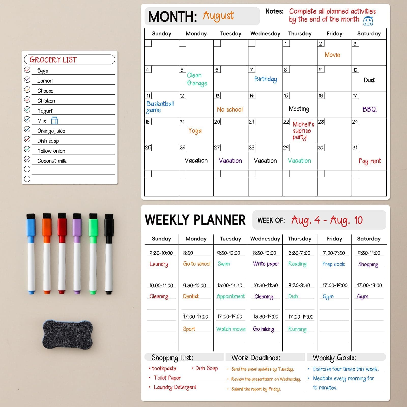 Magnetic Dry Erase Calendar for Refrigerator, 3 Pack-Monthly, Weekly, Daily Magnet Fridge Whiteboard Planner for Chore Chart, Menu, To Do List, 14"X11", w/ 6 Markers, Style 2