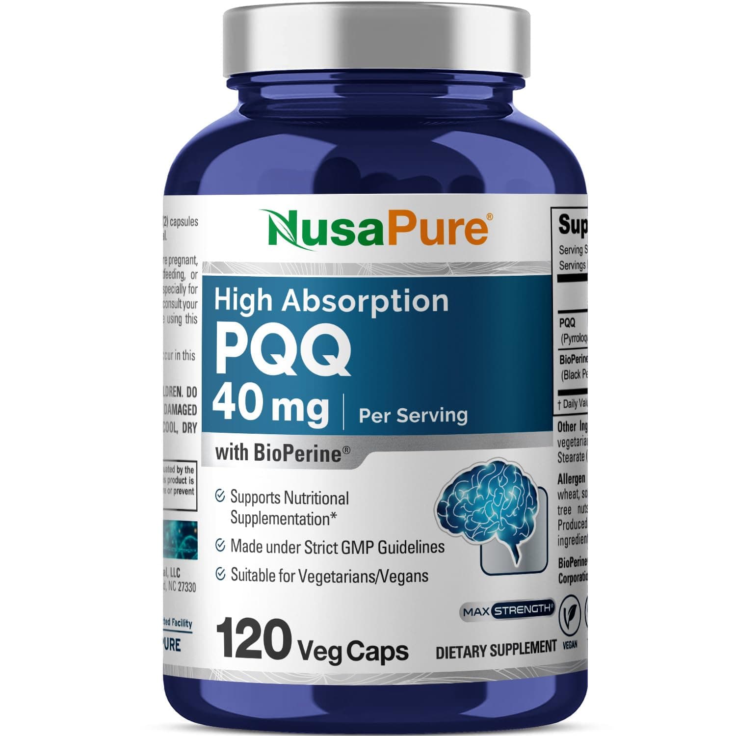 PQQ Supplement 40 mg, 120 Veggie Capsules, Non-GMO, Pyrroloquinoline Quinone Disodium Salt, Bioperine & Vegan